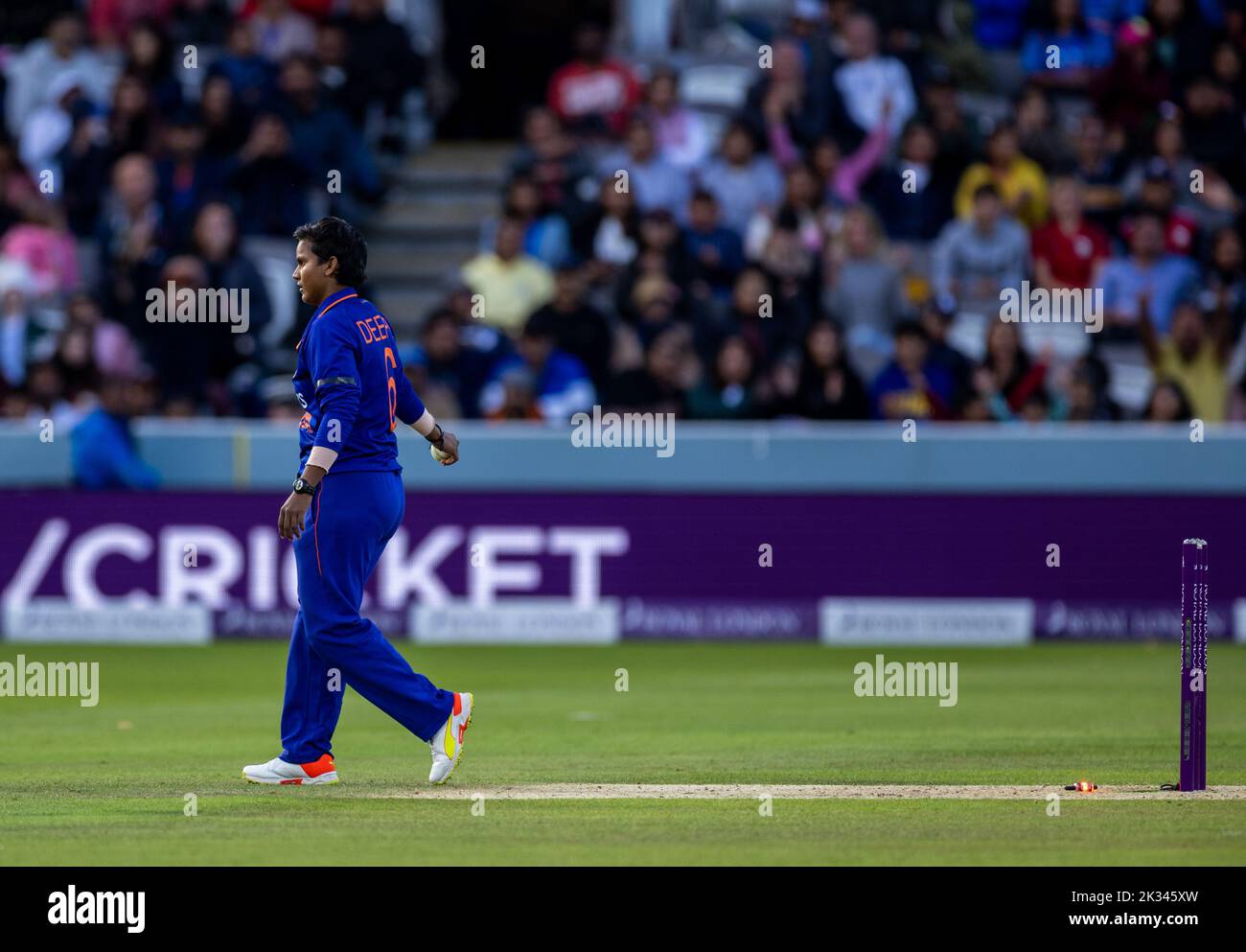 India’s Deepti Sharma runs out England’s Charlie Dean (not in picture) during the third women's one day international match at Lord's, London. Picture date: Saturday September 24, 2022. Stock Photo