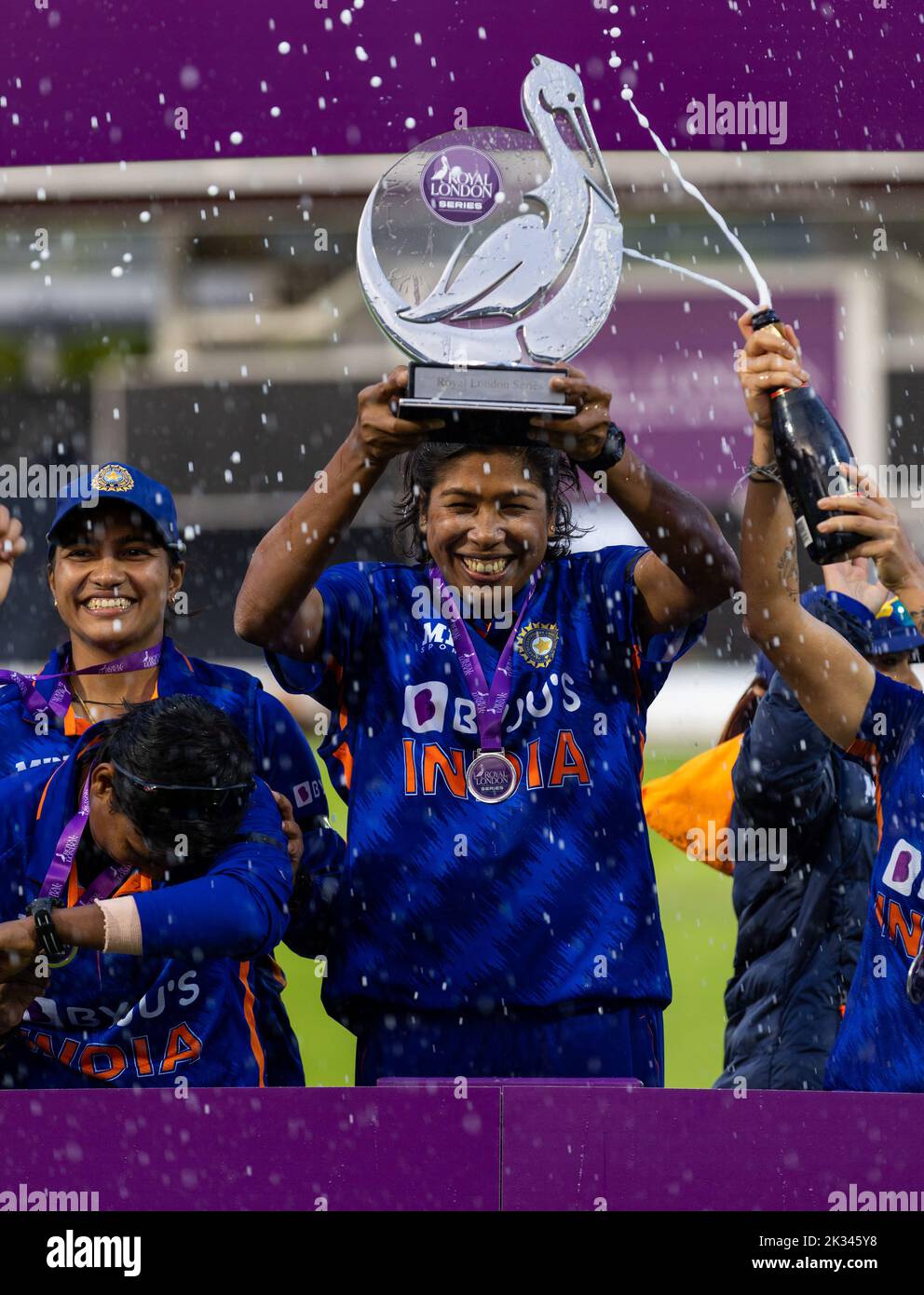 India’s Rajeshwari Gayakwad celebrates with the trophy during the presentation after winning the series during the third women's one day international match at Lord's, London. Picture date: Saturday September 24, 2022. Stock Photo