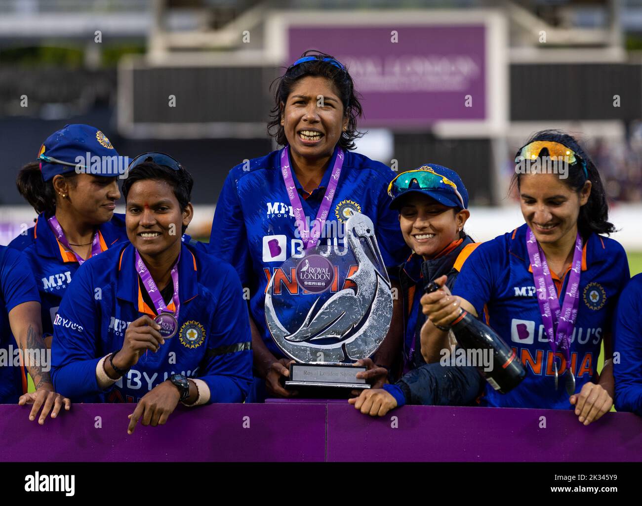 India’s Rajeshwari Gayakwad celebrates with the trophy and teammmates during the presentation after winning the series during the third women's one day international match at Lord's, London. Picture date: Saturday September 24, 2022. Stock Photo