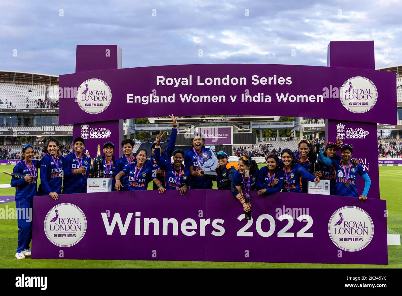 India’s Rajeshwari Gayakwad celebrates with the trophy and teammates during the presentation after winning the series during the third women's one day international match at Lord's, London. Picture date: Saturday September 24, 2022. Stock Photo