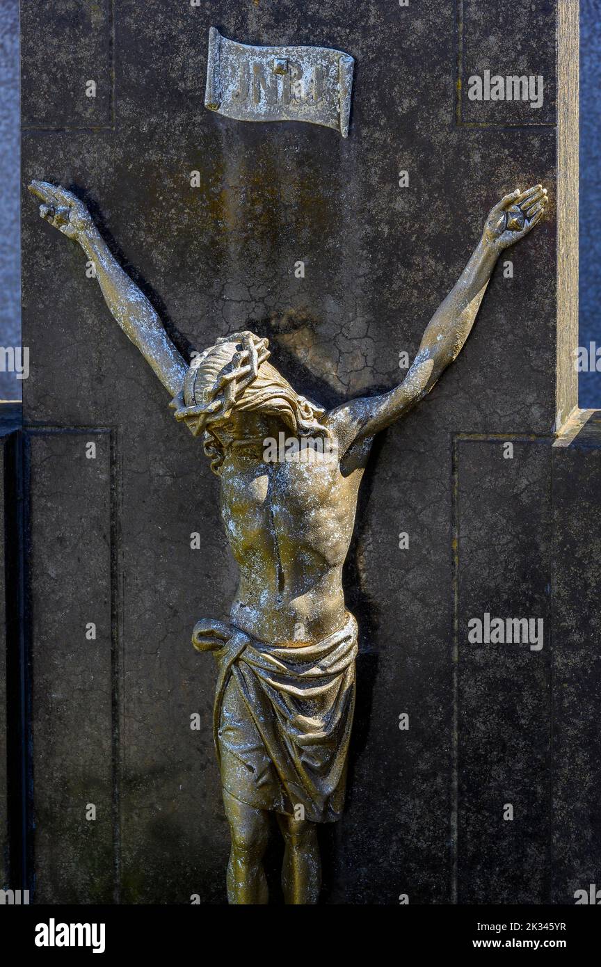 Gravestone, Christ figure with crown of thorns, Allgaeu, Bavaria, Germany Stock Photo