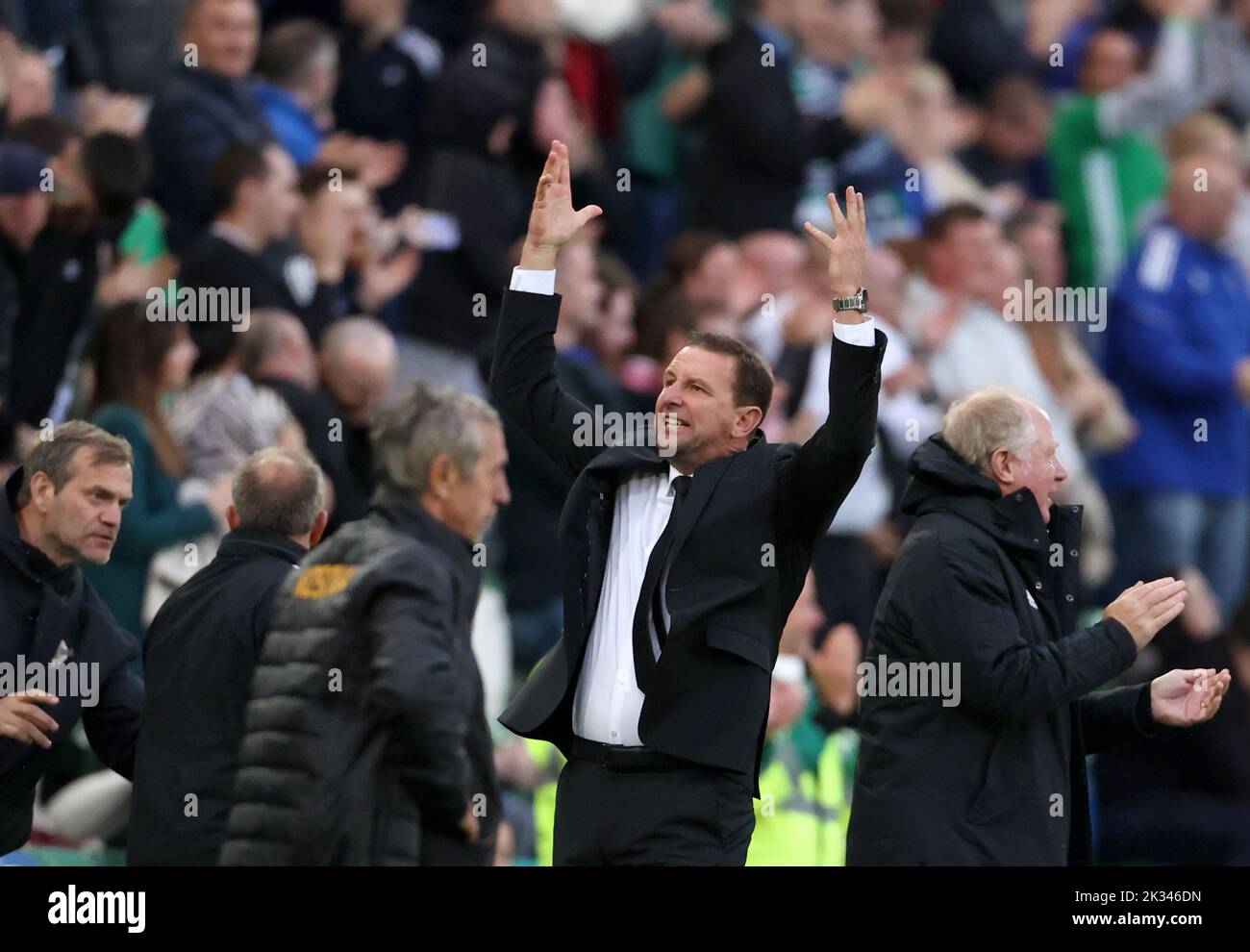 Northern Ireland manager Ian Baraclough celebrates after his side scored their second goal of the game to put them in front during the UEFA Nations League Group J Match at Windsor Park, Belfast. Picture date: Saturday September 24, 2022. Stock Photo