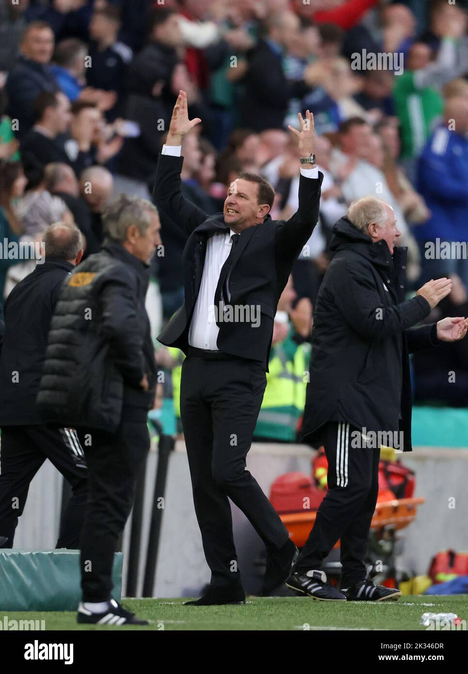 Northern Ireland manager Ian Baraclough celebrates after his side scored their second goal of the game to put them in front during the UEFA Nations League Group J Match at Windsor Park, Belfast. Picture date: Saturday September 24, 2022. Stock Photo