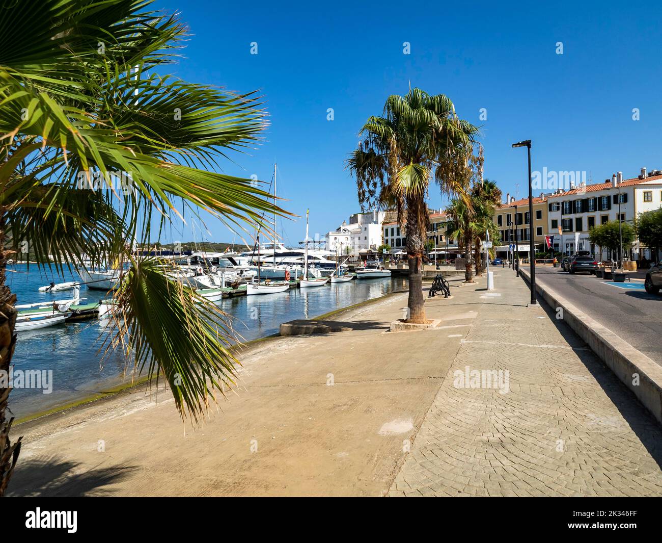 Port de Mao, Moll de Llevant with restaurants and yachts, Mahon, Menorca, Balearic Islands, Spain Stock Photo