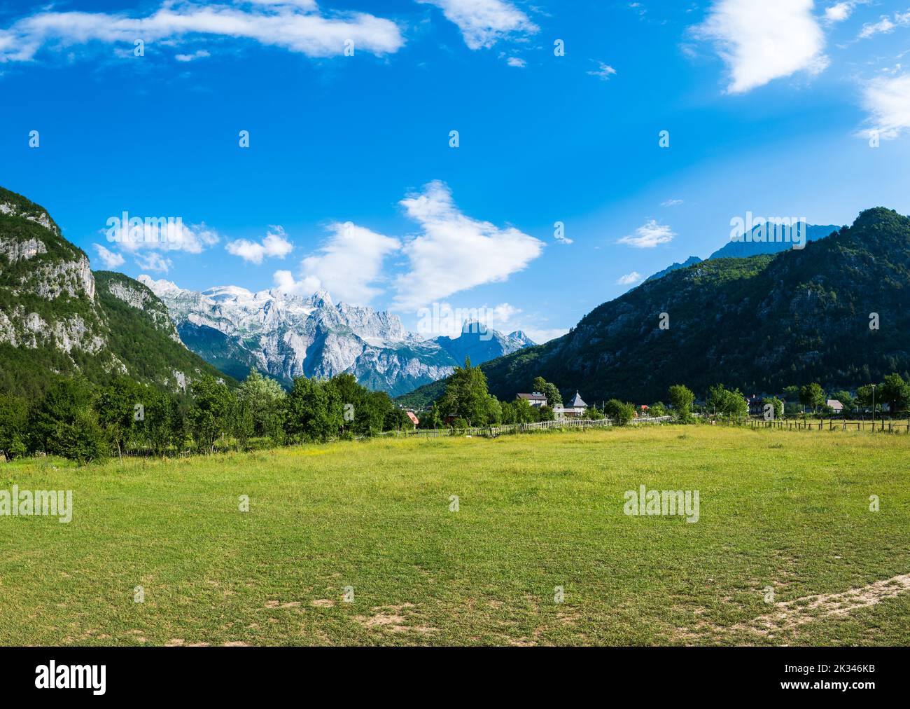 Albanian Alps panorama view. Accursed Mountains landscape viewed around Valbona and Theth hiking trail in Albania, popular hiking trail in the Albania Stock Photo