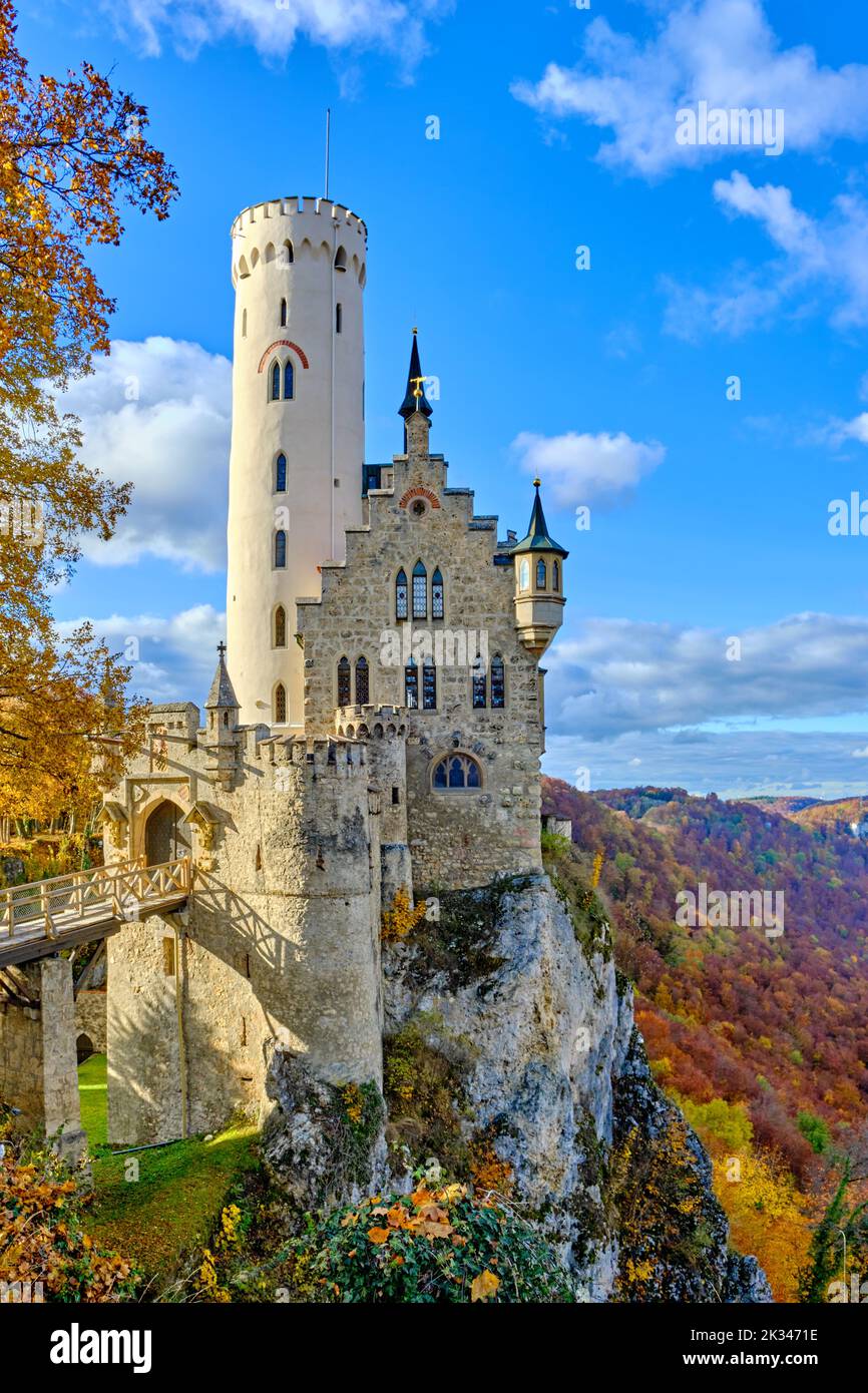 Lichtenstein Castle, Honau, Swabian Alb, Baden-Württemberg, Germany, October 24, 2020. Stock Photo
