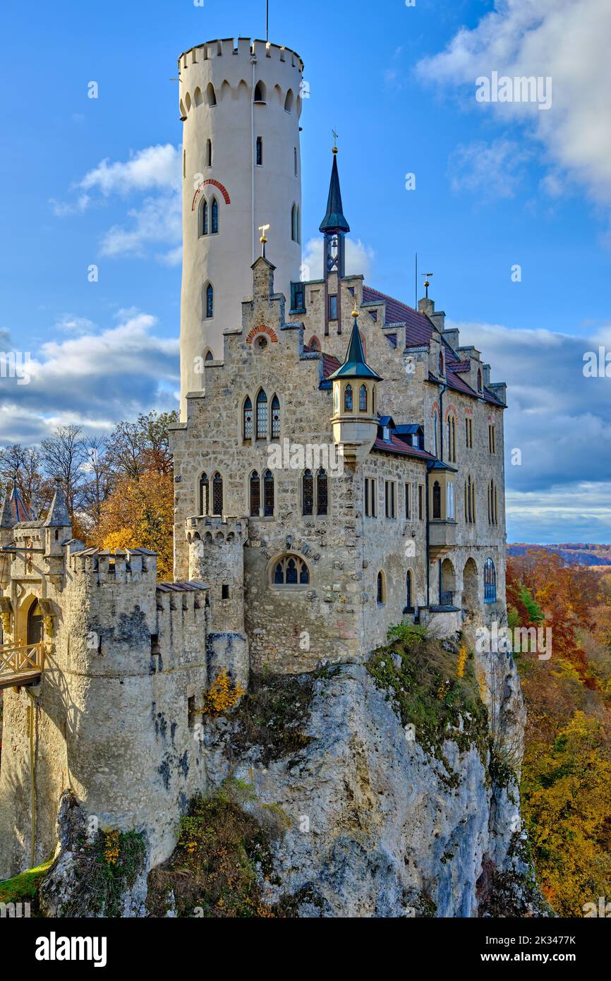 Lichtenstein Castle, Honau, Swabian Alb, Baden-Württemberg, Germany, October 24, 2020. Stock Photo