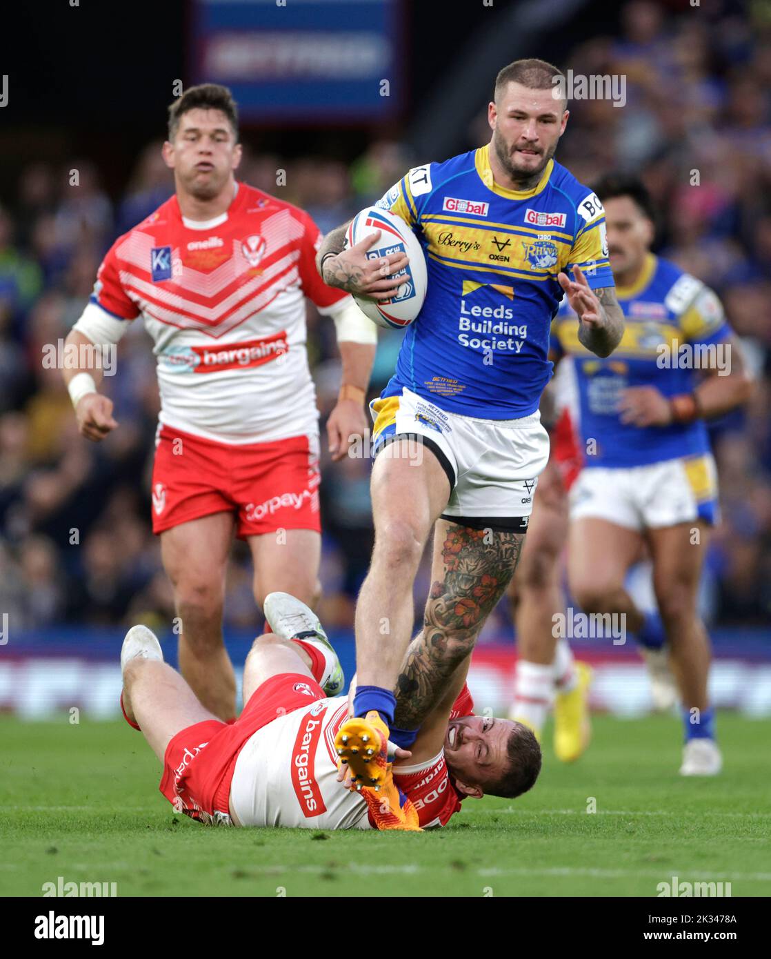Leeds Rhinos' Zak Hardaker gets tackled during the Betfred Super League Grand Final at Old Trafford, Manchester. Picture date: Saturday September 24, 2022. Stock Photo