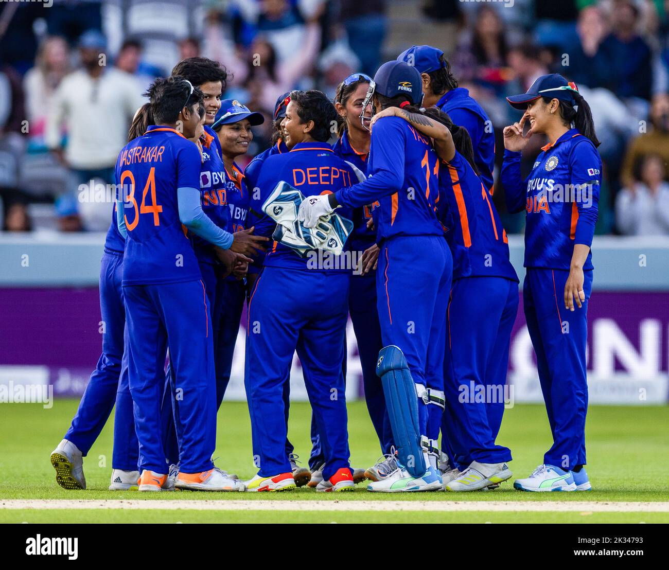 India’s Deepti Sharma (centre) with teammates after winning the match during the third women's one day international match at Lord's, London. Picture date: Saturday September 24, 2022. Stock Photo