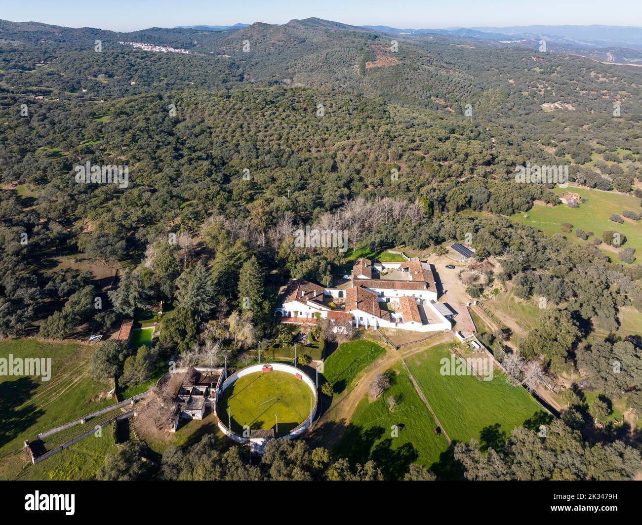 Country estate with own bullring in the Sierra de Aracena. aerial view, drone shot, Huelva province, Andalusia, Spain Stock Photo