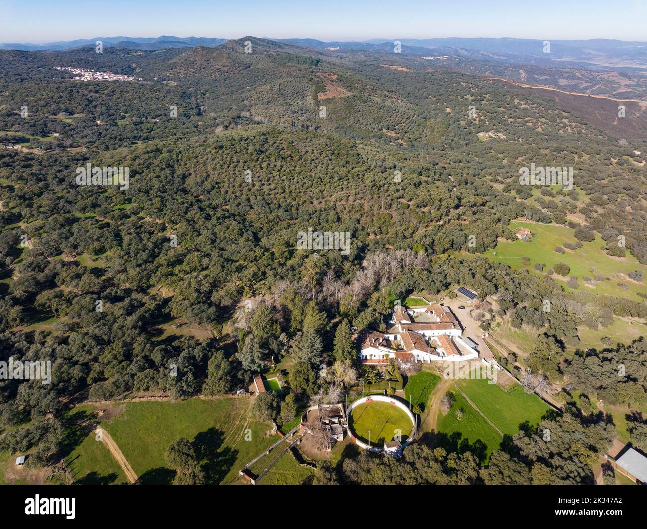 Country estate with own bullring in the Sierra de Aracena. aerial view, drone shot, Huelva province, Andalusia, Spain Stock Photo