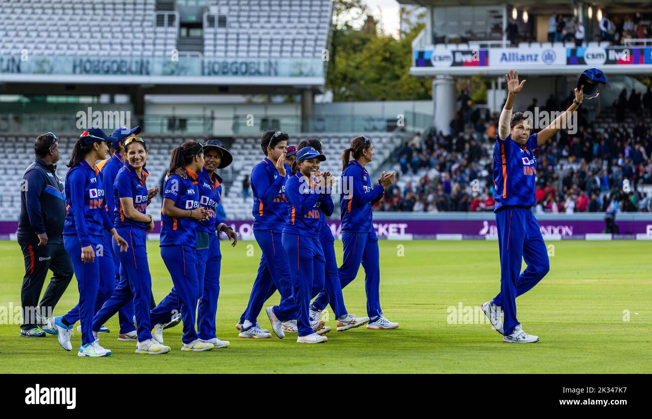 India’s Rajeshwari Gayakwad (right) and teammates walk around the pitch after the match during the third women's one day international match at Lord's, London. Picture date: Saturday September 24, 2022. Stock Photo