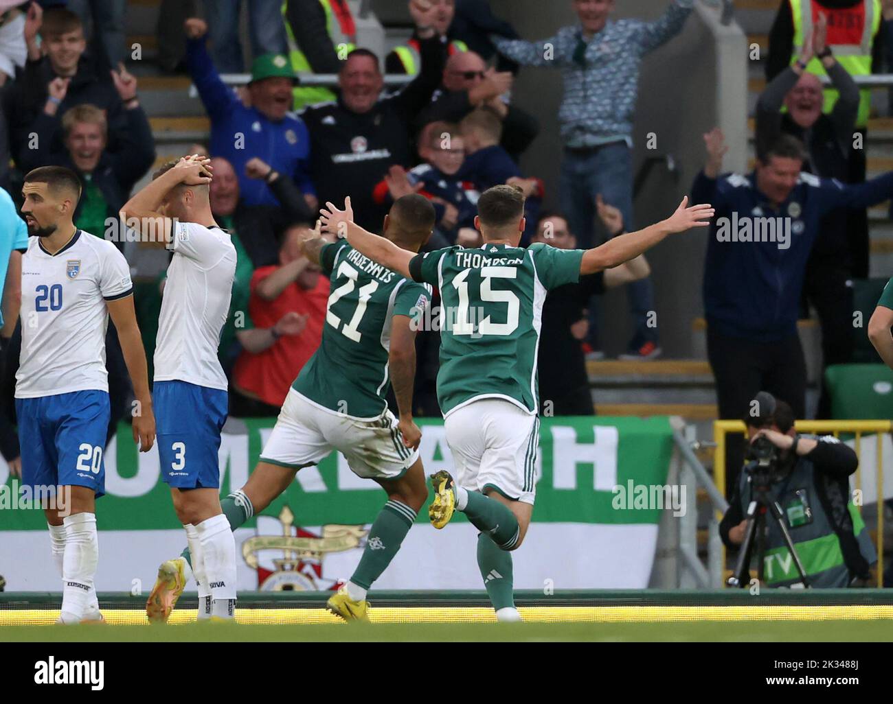 Northern Ireland's Josh Magennis (second right) celebrates scoring his sides second goal of the game during the UEFA Nations League Group J Match at Windsor Park, Belfast. Picture date: Saturday September 24, 2022. Stock Photo