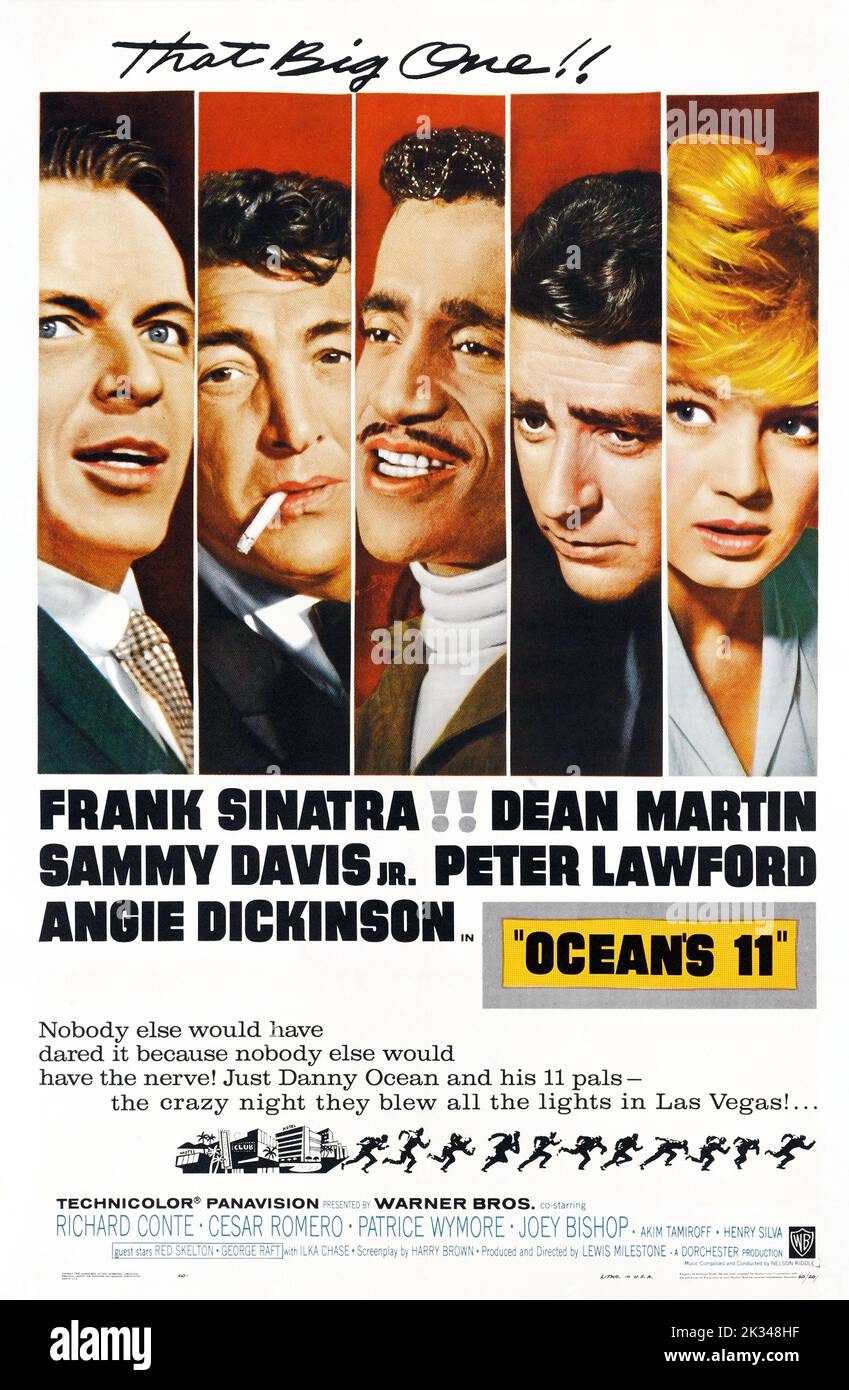 Original 1960s Film Poster for - Ocean's 11 . starring five of the Rat Pack: Frank Sinatra, Dean Martin, Sammy Davis Jr,Peter Lawford,Joey Bishop. Stock Photo