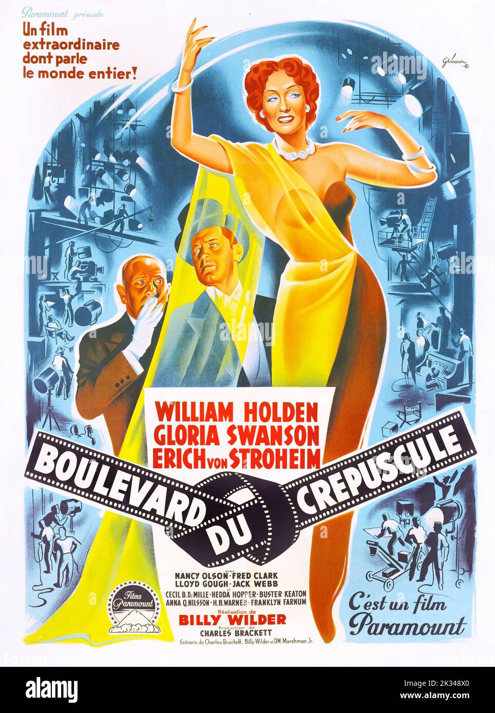 Vintage French 1950s Film Poster - Sunset Boulevard , starring  William Holden, Gloria Swanson, (Paramount, 1950). Stock Photo