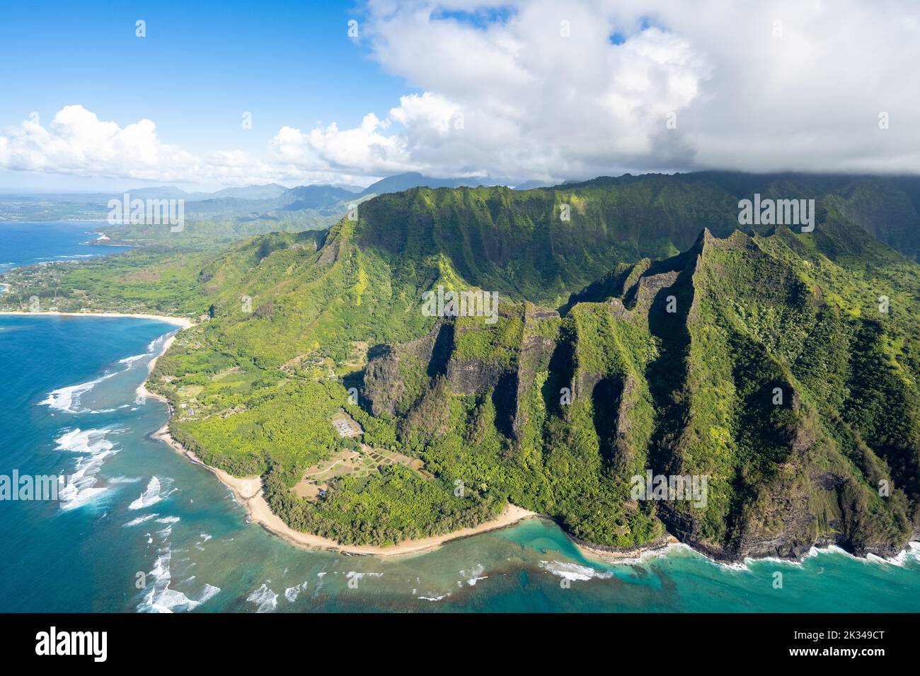 Aerial view Ke'e Beach, Haena Beach, Tunnels Beach, Kepuhi Beach, Kauai