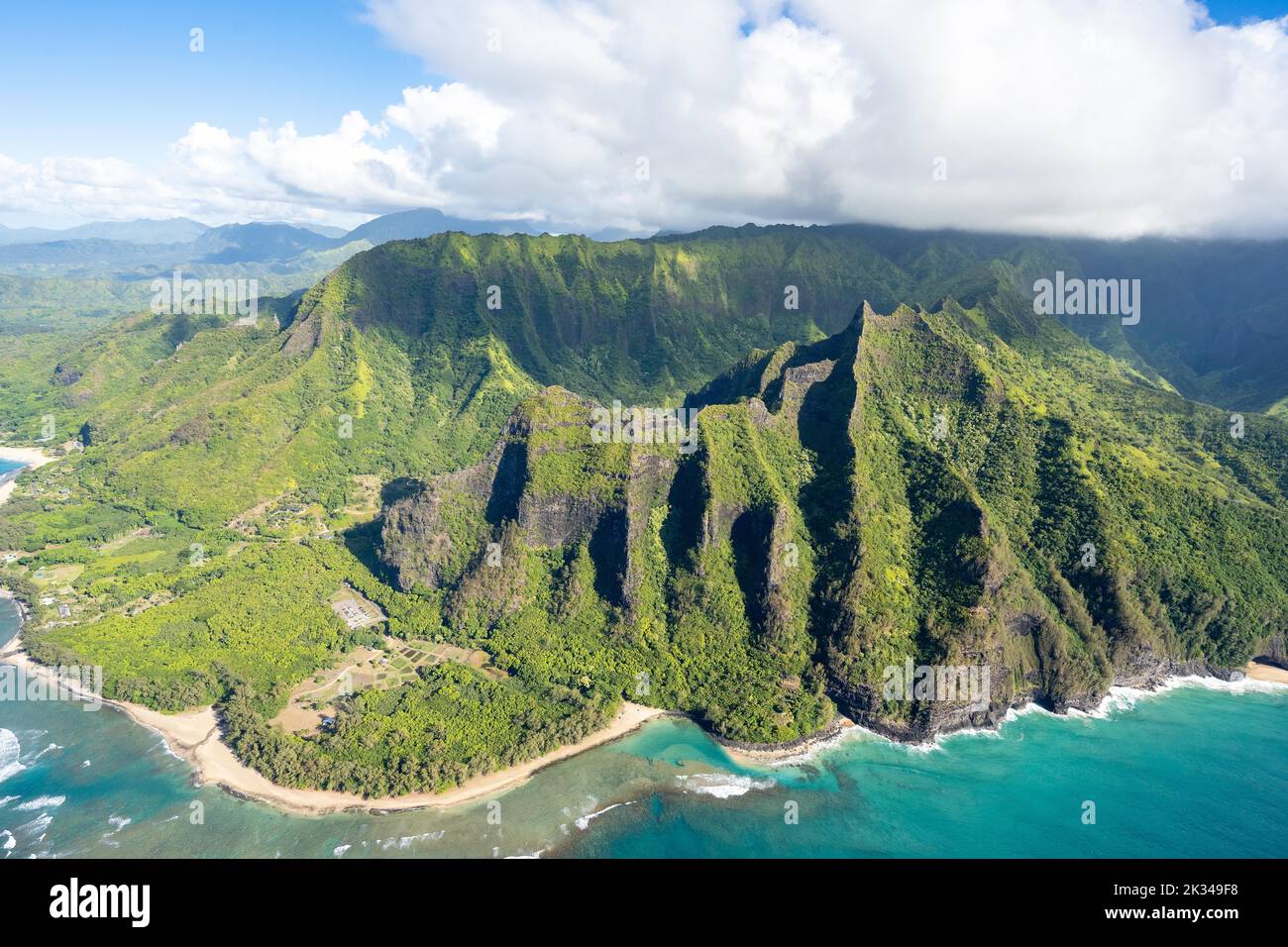 Aerial view Ke'e Beach, Haena Beach, Tunnels Beach, Kepuhi Beach, Kauai
