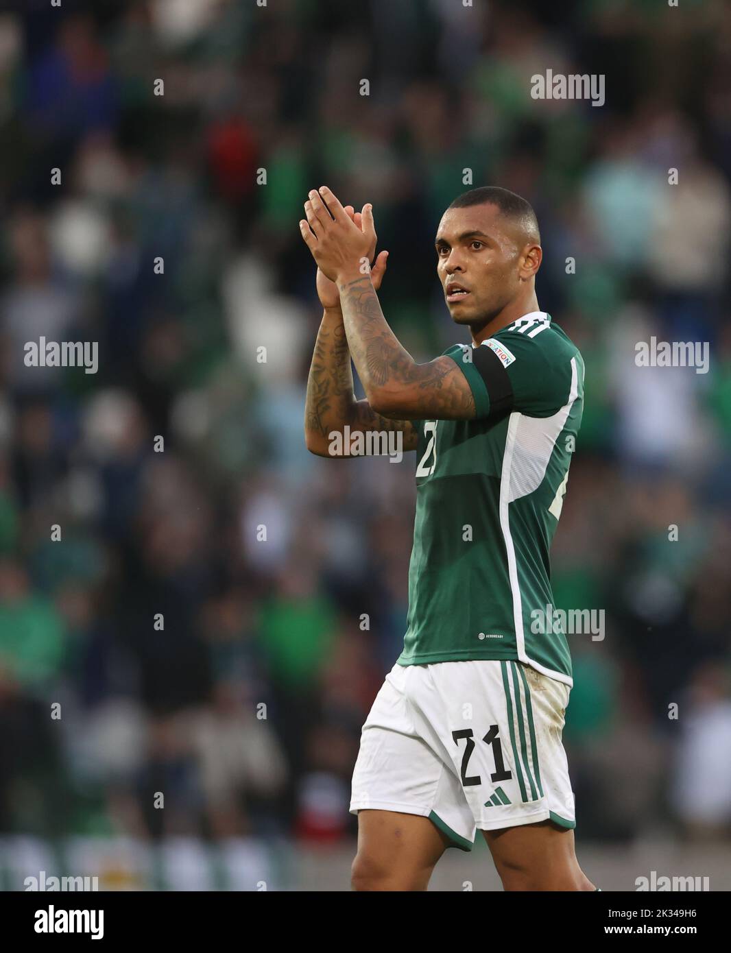 Northern Ireland's Josh Magennis applauds the fans after the UEFA Nations League Group J Match at Windsor Park, Belfast. Picture date: Saturday September 24, 2022. Stock Photo