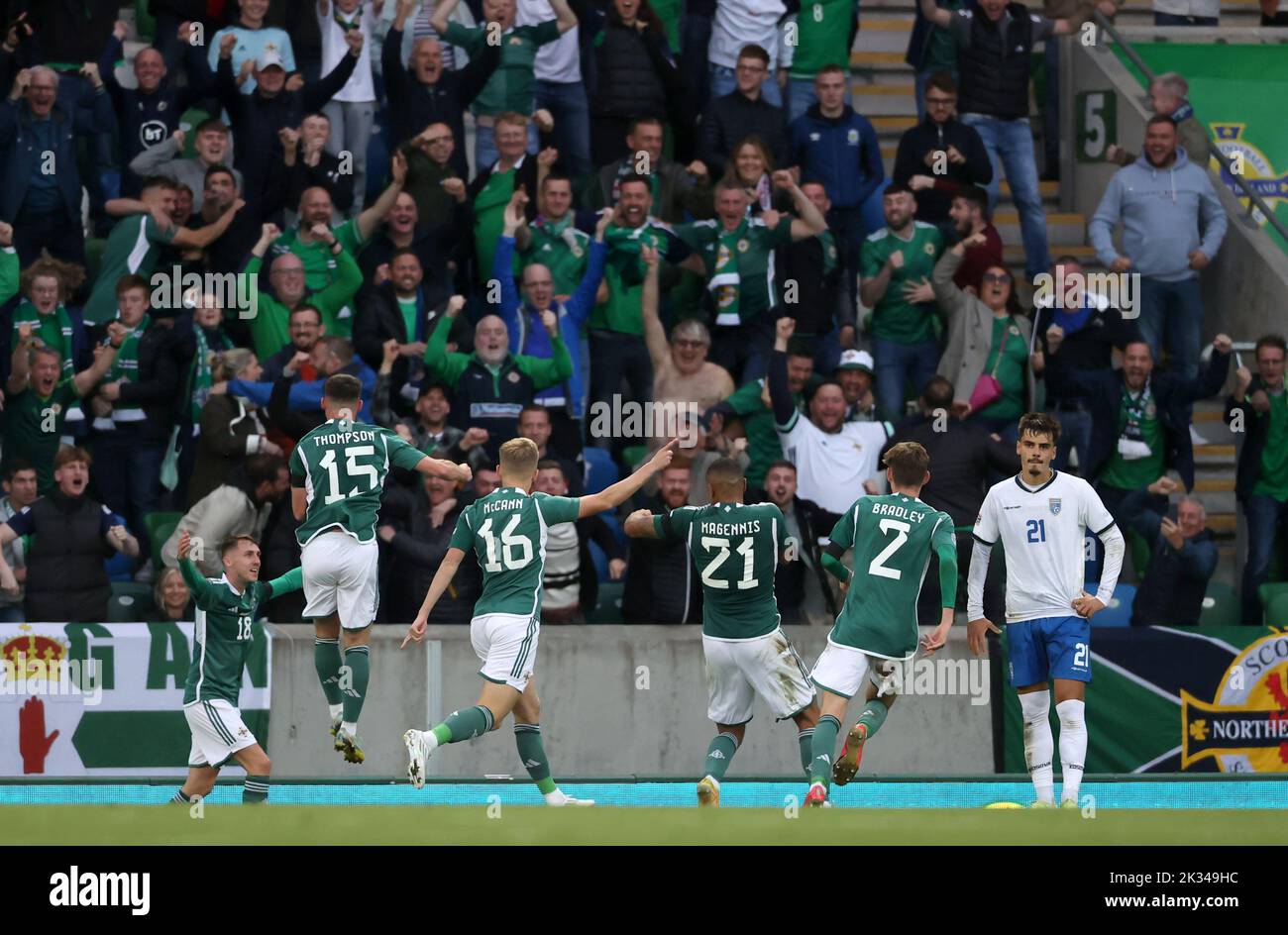 Northern Ireland's Josh Magennis (third right) celebrates scoring his sides second goal of the game during the UEFA Nations League Group J Match at Windsor Park, Belfast. Picture date: Saturday September 24, 2022. Stock Photo