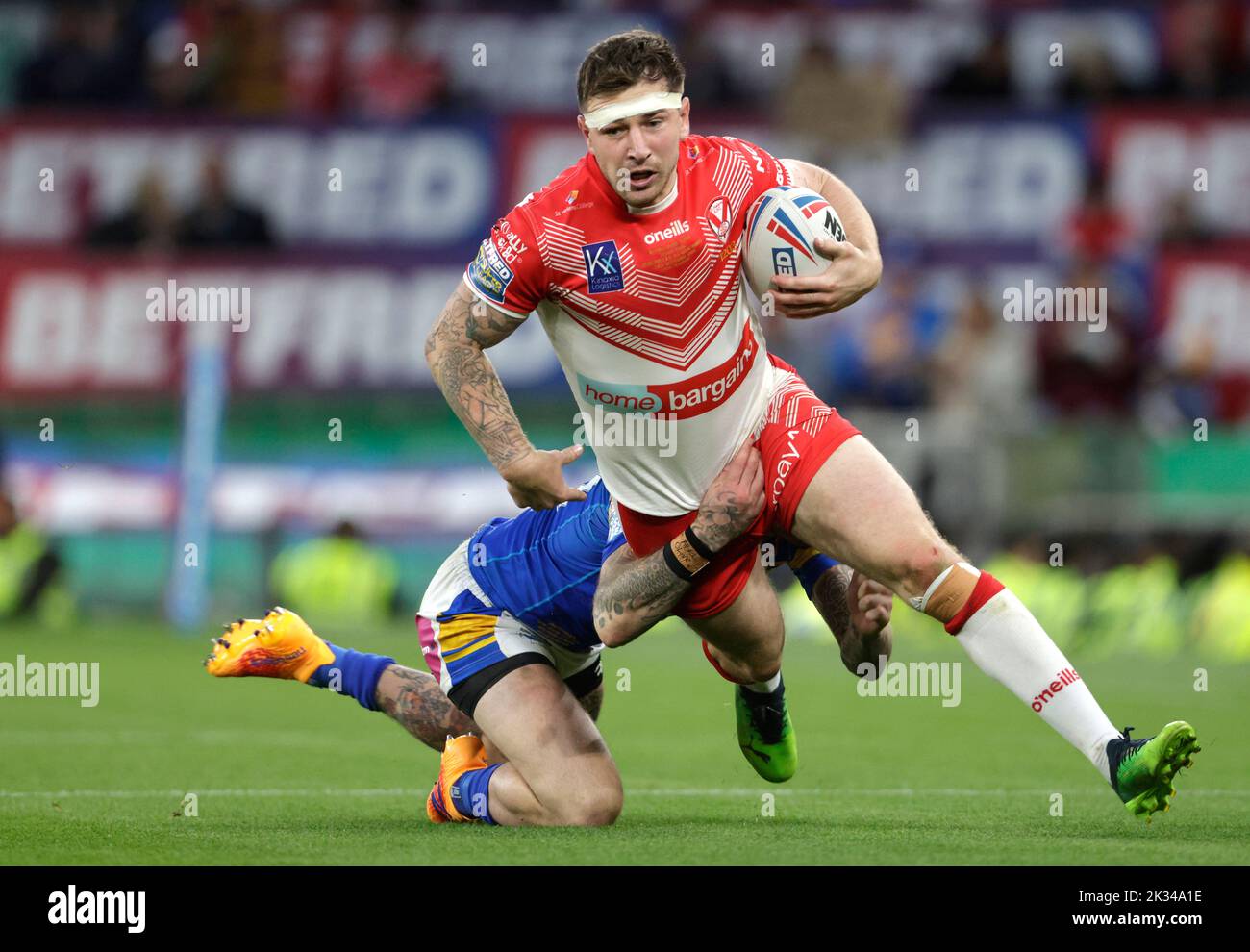 St Helens' Mark Percival is tackled during the Betfred Super League Grand Final at Old Trafford, Manchester. Picture date: Saturday September 24, 2022. Stock Photo