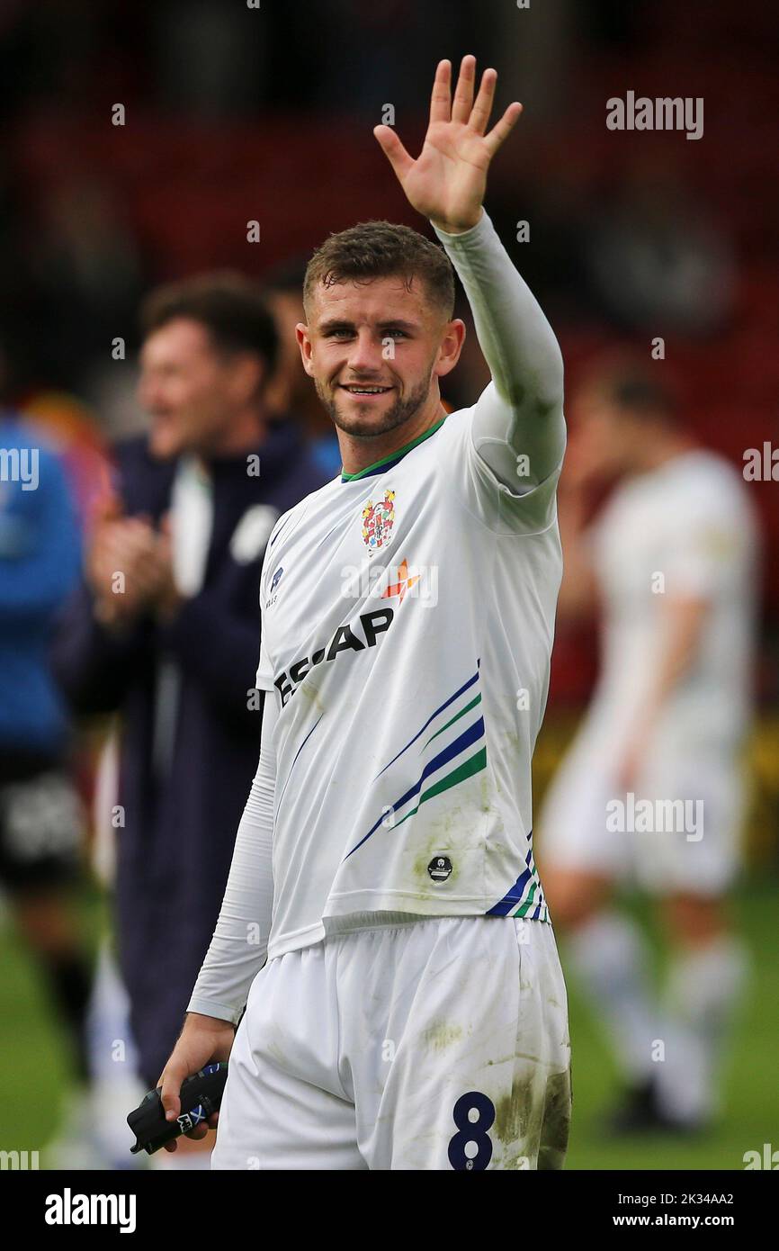 Walsall, UK. 24th Sep, 2022. Reece McAlear of Tranmere Rovers shows his appreciation to the fans at the end on the game. EFL Skybet Football league two match, Walsall v Tranmere Rovers at the Poundland Bescot Stadium in Walsall, West Midlands on Saturday 24th September 2022. this image may only be used for Editorial purposes. Editorial use only, license required for commercial use. No use in betting, games or a single club/league/player publications.pic by Chris Stading/Andrew Orchard sports photography/Alamy Live News Credit: Andrew Orchard sports photography/Alamy Live News Stock Photo