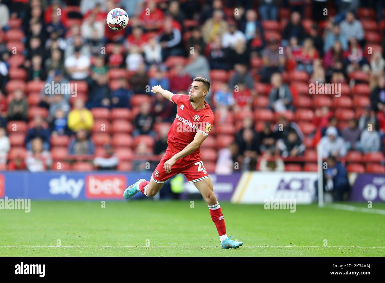 Walsall, UK. 24th Sep, 2022. Taylor Allen of Walsall in action. EFL Skybet Football league two match, Walsall v Tranmere Rovers at the Poundland Bescot Stadium in Walsall, West Midlands on Saturday 24th September 2022. this image may only be used for Editorial purposes. Editorial use only, license required for commercial use. No use in betting, games or a single club/league/player publications.pic by Chris Stading/Andrew Orchard sports photography/Alamy Live News Credit: Andrew Orchard sports photography/Alamy Live News Stock Photo