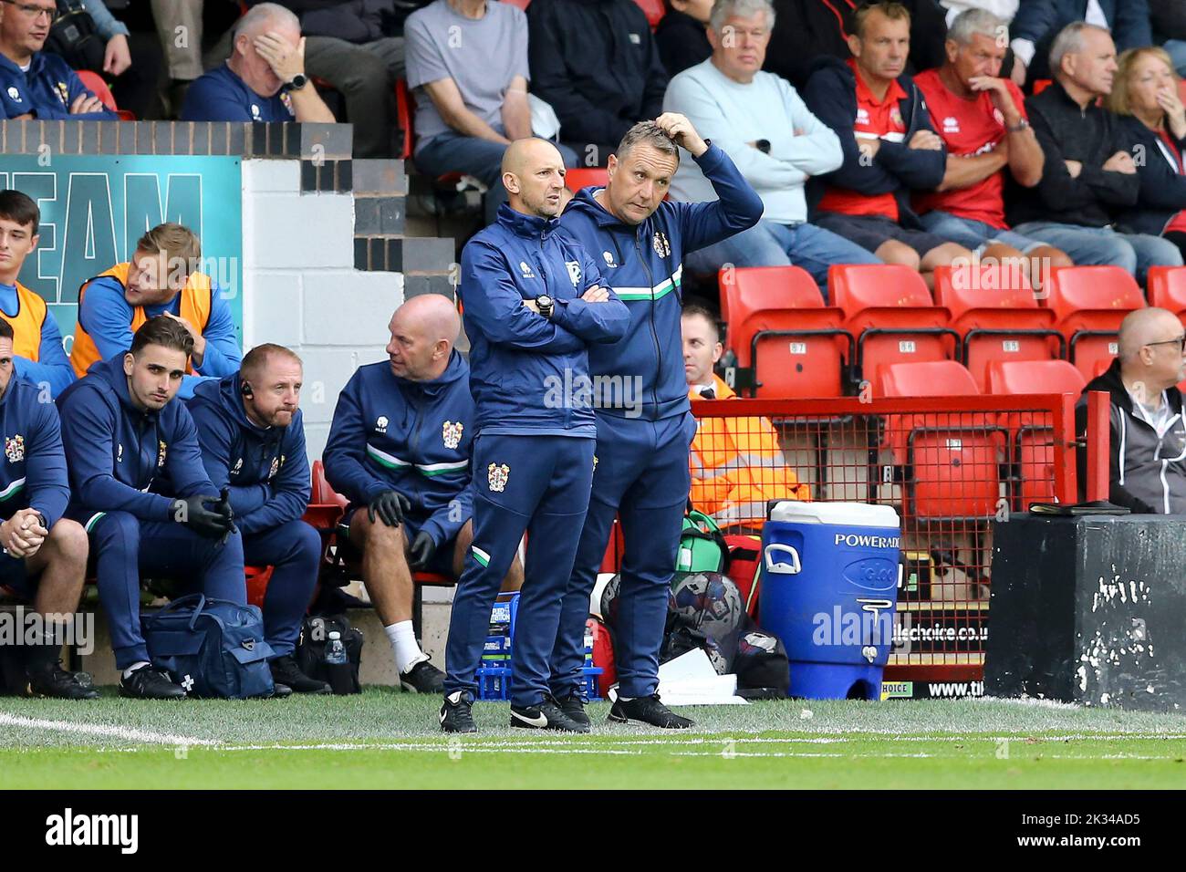Walsall, UK. 24th Sep, 2022. "Micky Mellon, The Manager of Tranmere Rovers (r) scratches his head. EFL Skybet Football league two match, Walsall v Tranmere Rovers at the Poundland Bescot Stadium in Walsall, West Midlands on Saturday 24th September 2022. this image may only be used for Editorial purposes. Editorial use only, license required for commercial use. No use in betting, games or a single club/league/player publications.pic by Chris Stading/Andrew Orchard sports photography/Alamy Live News Credit: Andrew Orchard sports photography/Alamy Live News Stock Photo