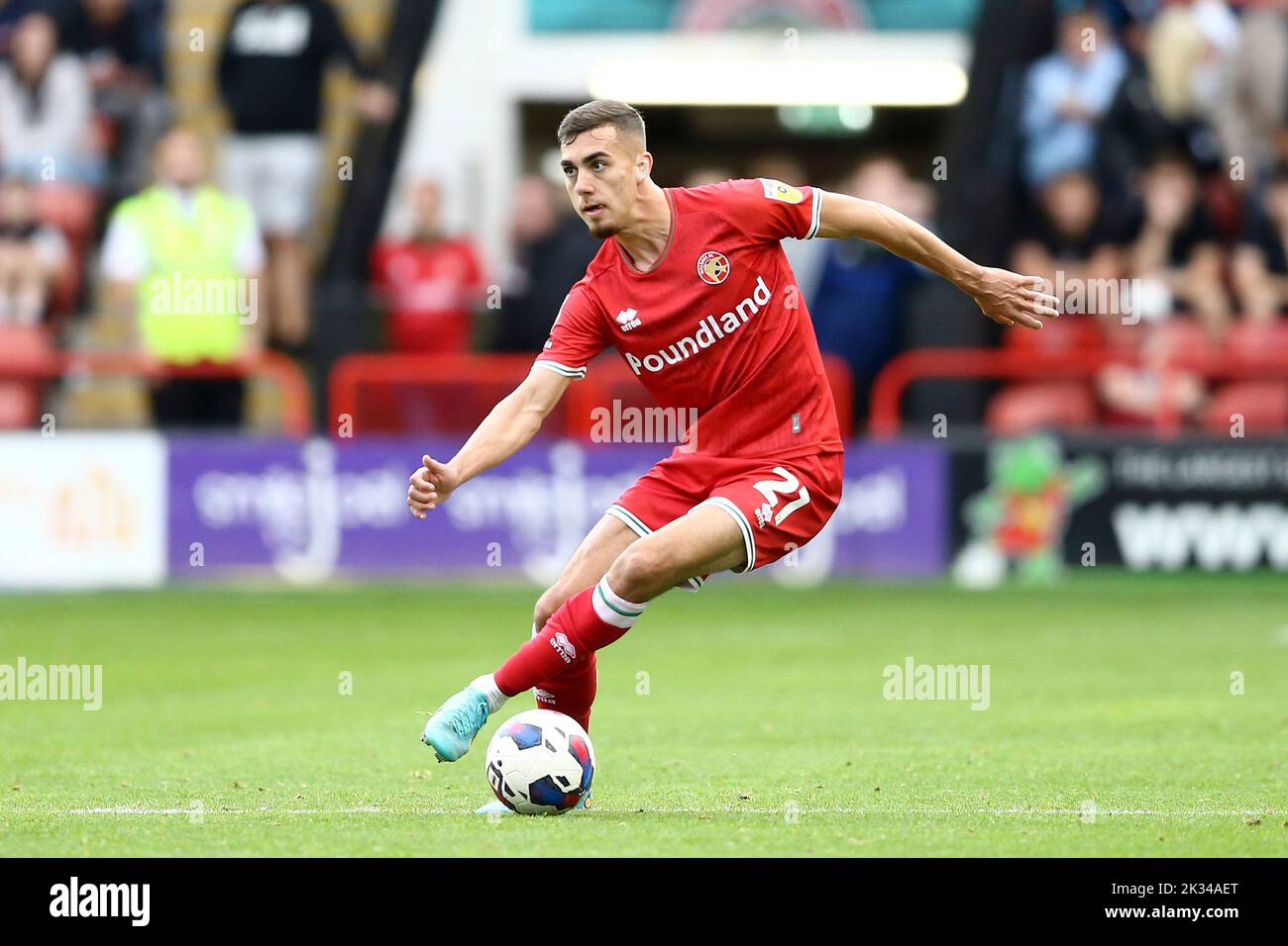 Walsall, UK. 24th Sep, 2022. Taylor Allen of Walsall in action. EFL Skybet Football league two match, Walsall v Tranmere Rovers at the Poundland Bescot Stadium in Walsall, West Midlands on Saturday 24th September 2022. this image may only be used for Editorial purposes. Editorial use only, license required for commercial use. No use in betting, games or a single club/league/player publications.pic by Chris Stading/Andrew Orchard sports photography/Alamy Live News Credit: Andrew Orchard sports photography/Alamy Live News Stock Photo