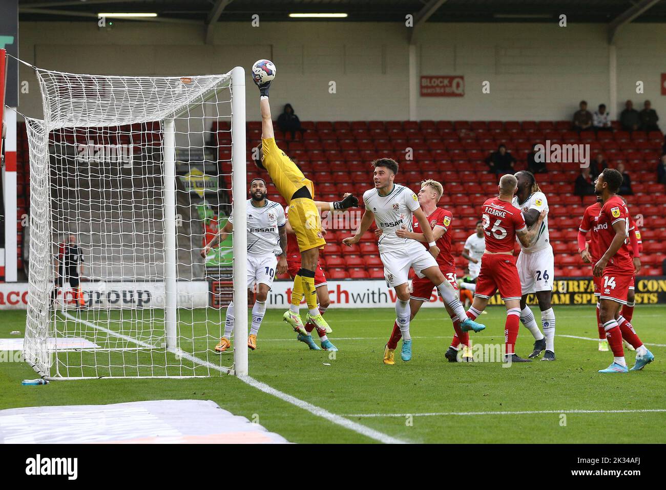 Walsall, UK. 24th Sep, 2022. Owen Evans, the goalkeeper of Walsall makes a save. EFL Skybet Football league two match, Walsall v Tranmere Rovers at the Poundland Bescot Stadium in Walsall, West Midlands on Saturday 24th September 2022. this image may only be used for Editorial purposes. Editorial use only, license required for commercial use. No use in betting, games or a single club/league/player publications.pic by Chris Stading/Andrew Orchard sports photography/Alamy Live News Credit: Andrew Orchard sports photography/Alamy Live News Stock Photo
