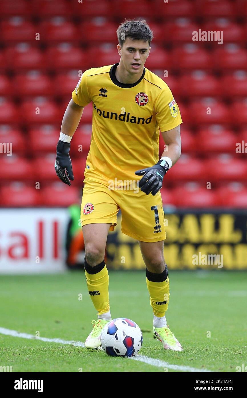 Walsall, UK. 24th Sep, 2022. Owen Evans, the goalkeeper of Walsall in action. EFL Skybet Football league two match, Walsall v Tranmere Rovers at the Poundland Bescot Stadium in Walsall, West Midlands on Saturday 24th September 2022. this image may only be used for Editorial purposes. Editorial use only, license required for commercial use. No use in betting, games or a single club/league/player publications.pic by Chris Stading/Andrew Orchard sports photography/Alamy Live News Credit: Andrew Orchard sports photography/Alamy Live News Stock Photo
