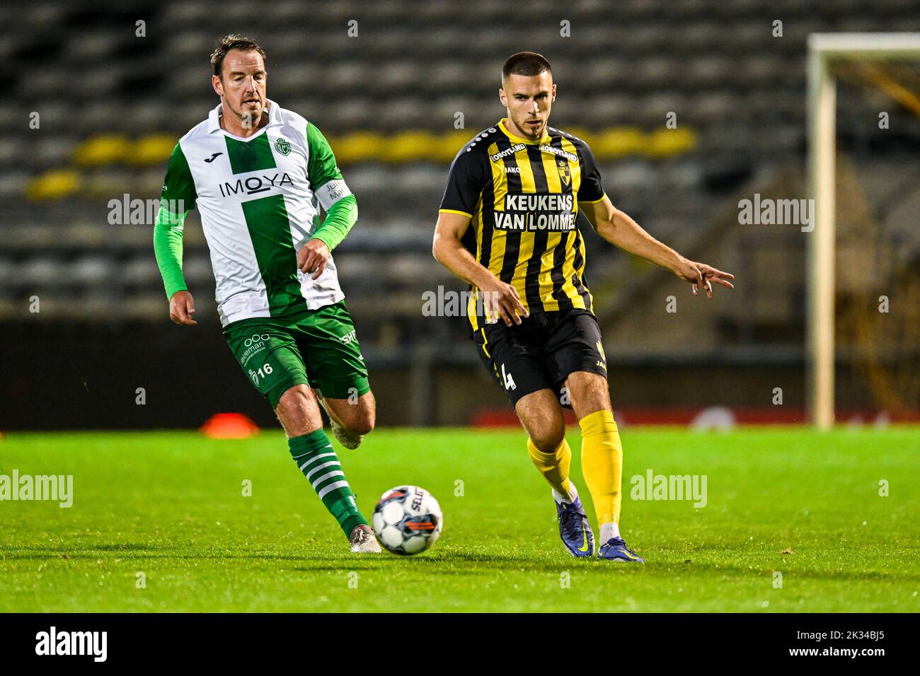 Racing's Kurt Weuts and Lierse's Joederick Pupe pictured in action during a soccer game between Lierse Kempenzonen and Koninklijke Racing Club Mechelen, Saturday 24 September 2022 in Lier, in the fifth round of the 'Croky Cup' Belgian cup. BELGA PHOTO TOM GOYVAERTS Stock Photo