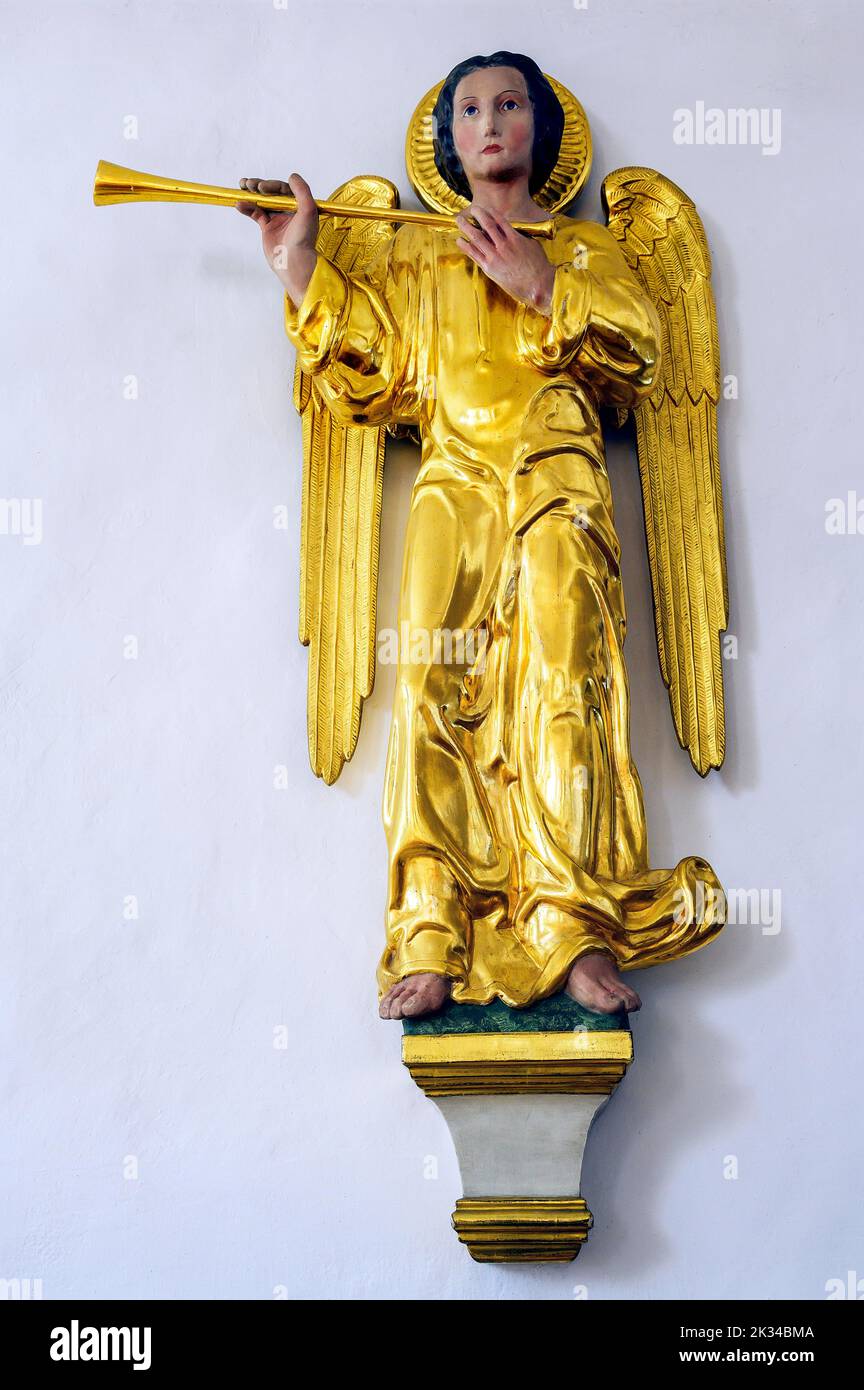 Angel with trombone, Church of St. Anne in Betzigau, Allgaeu, Bavaria, Germany Stock Photo