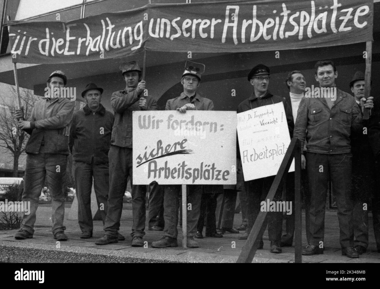 Steelworkers demanded the preservation and protection of their jobs on 4 February 1972 in front of the headquarters of the Suedwestfalen steelworks Stock Photo