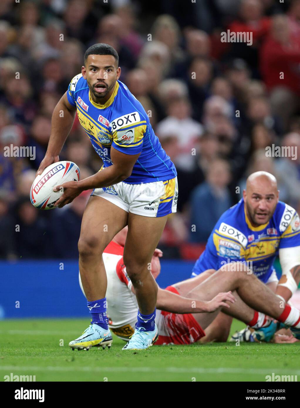 Leeds Rhinos' Kruise Leeming clears the ball during the Betfred Super League Grand Final at Old Trafford, Manchester. Picture date: Saturday September 24, 2022. Stock Photo