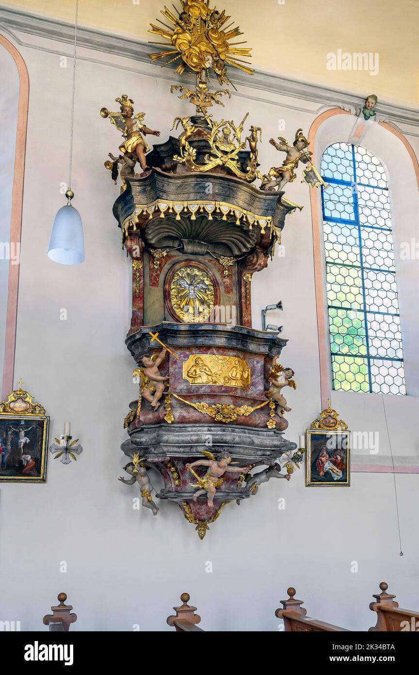 The pulpit, St. Anne's Church in Betzigau, Allgaeu, Bavaria, Germany Stock Photo