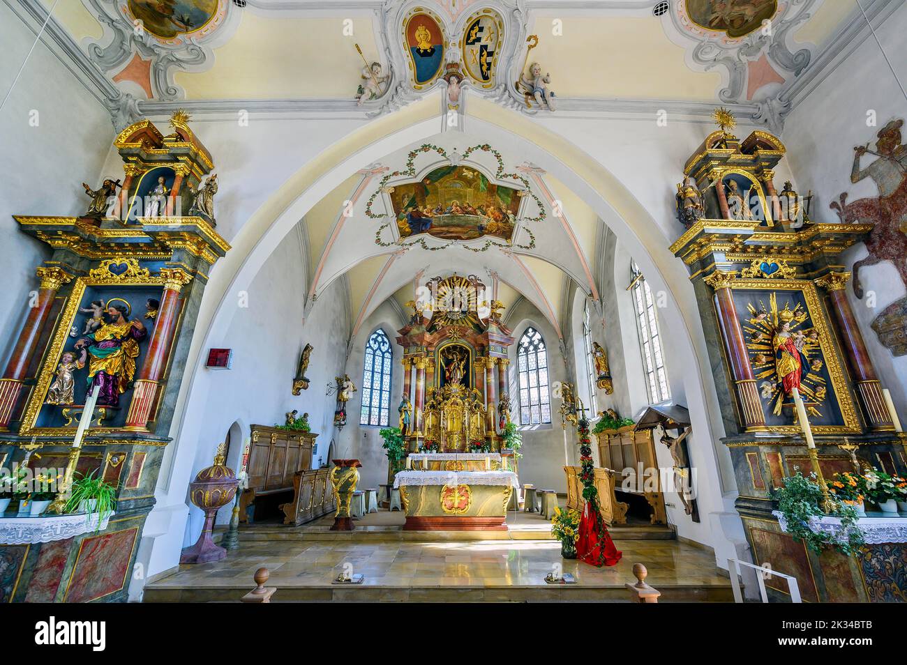 Main altar and side altars, Church of St. Anna in Betzigau, Allgaeu, Bavaria, Germany Stock Photo