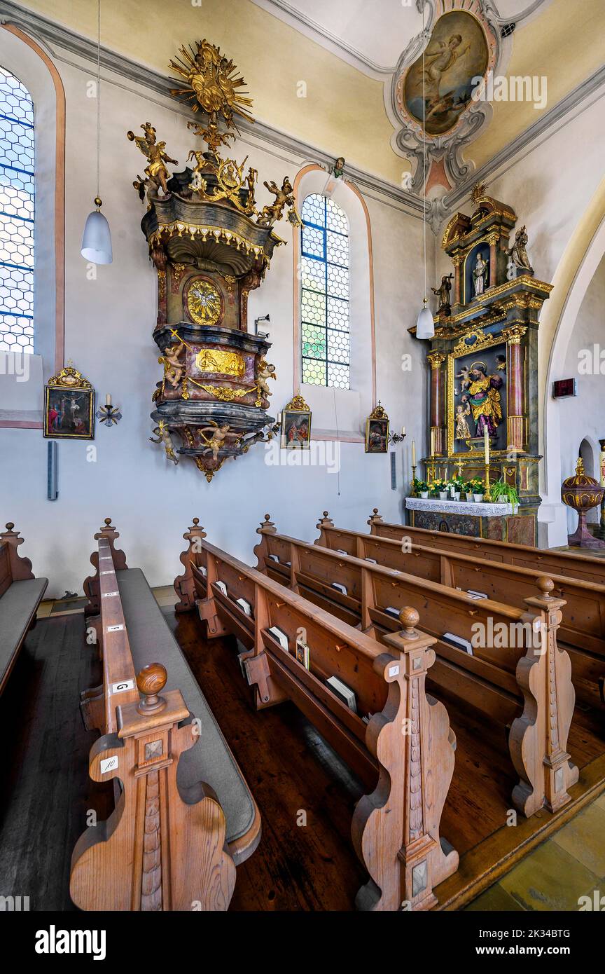 Pulpit and side altar, Church of St. Anna in Betzigau, Allgaeu, Bavaria, Germany Stock Photo