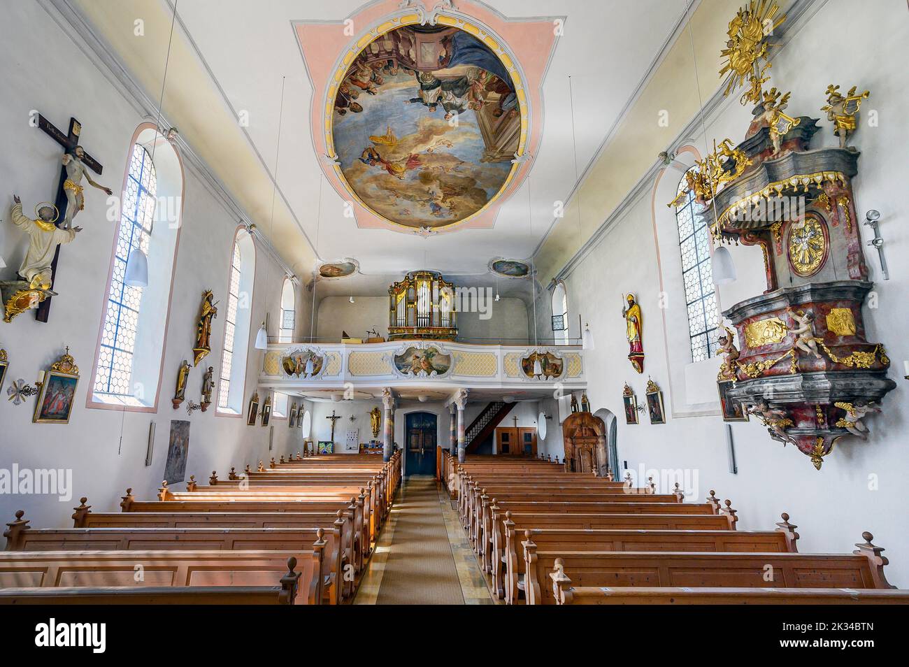 Organ loft and pulpit, Church of St. Anna in Betzigau, Allgaeu, Bavaria, Germany Stock Photo