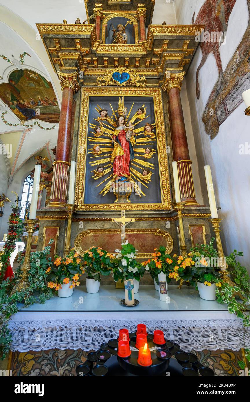 Side altar with figure of the Virgin Mary, Church of St. Anne in Betzigau, Allgaeu, Bavaria, Germany Stock Photo
