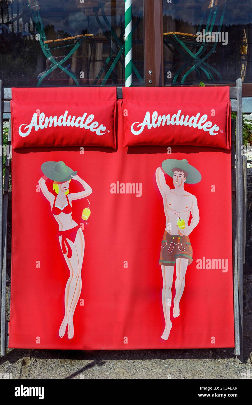 Double deck chair with Almdudler advertising, Allgaeu, Bavaria, Germany Stock Photo