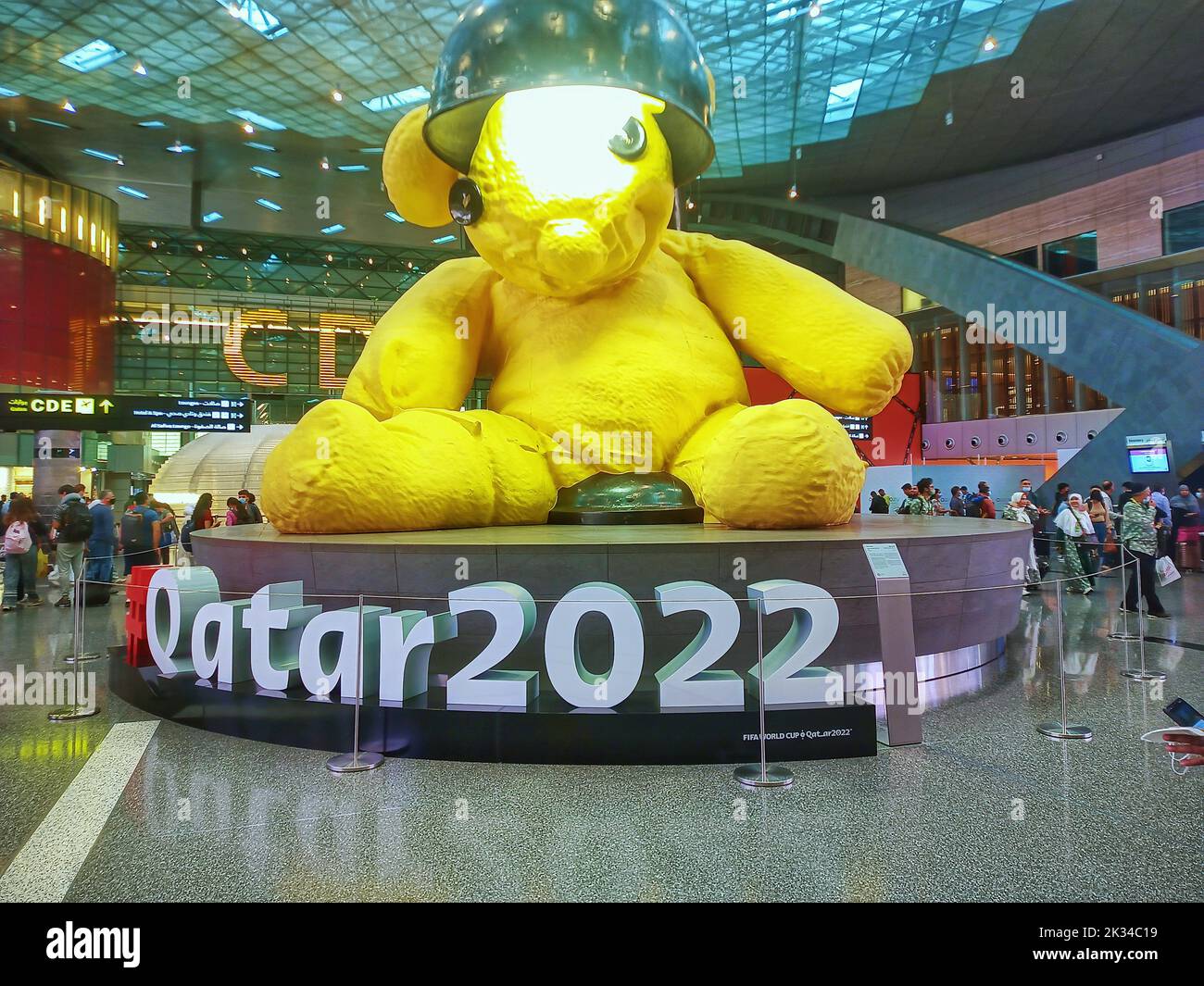 welcoming passengers in doha international airport air port for Qatar world cup 2022,QATAR 2022 world cup,worldcup 2022,doha airport Stock Photo