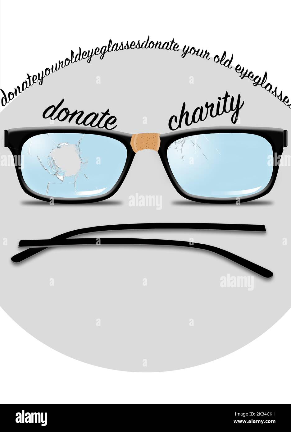 Broken eye glasses with parts arranged to look like a face is seen in a 3-d illustration about donating old eyewear to charity to benefit the poor. Stock Photo