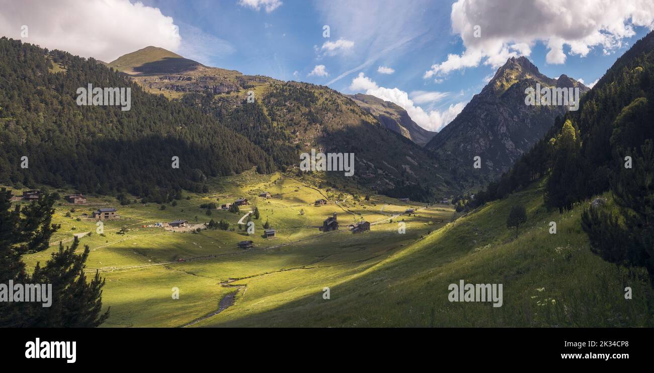 Landscape Panoramic View of Vall d'Incles, Andorra Stock Photo