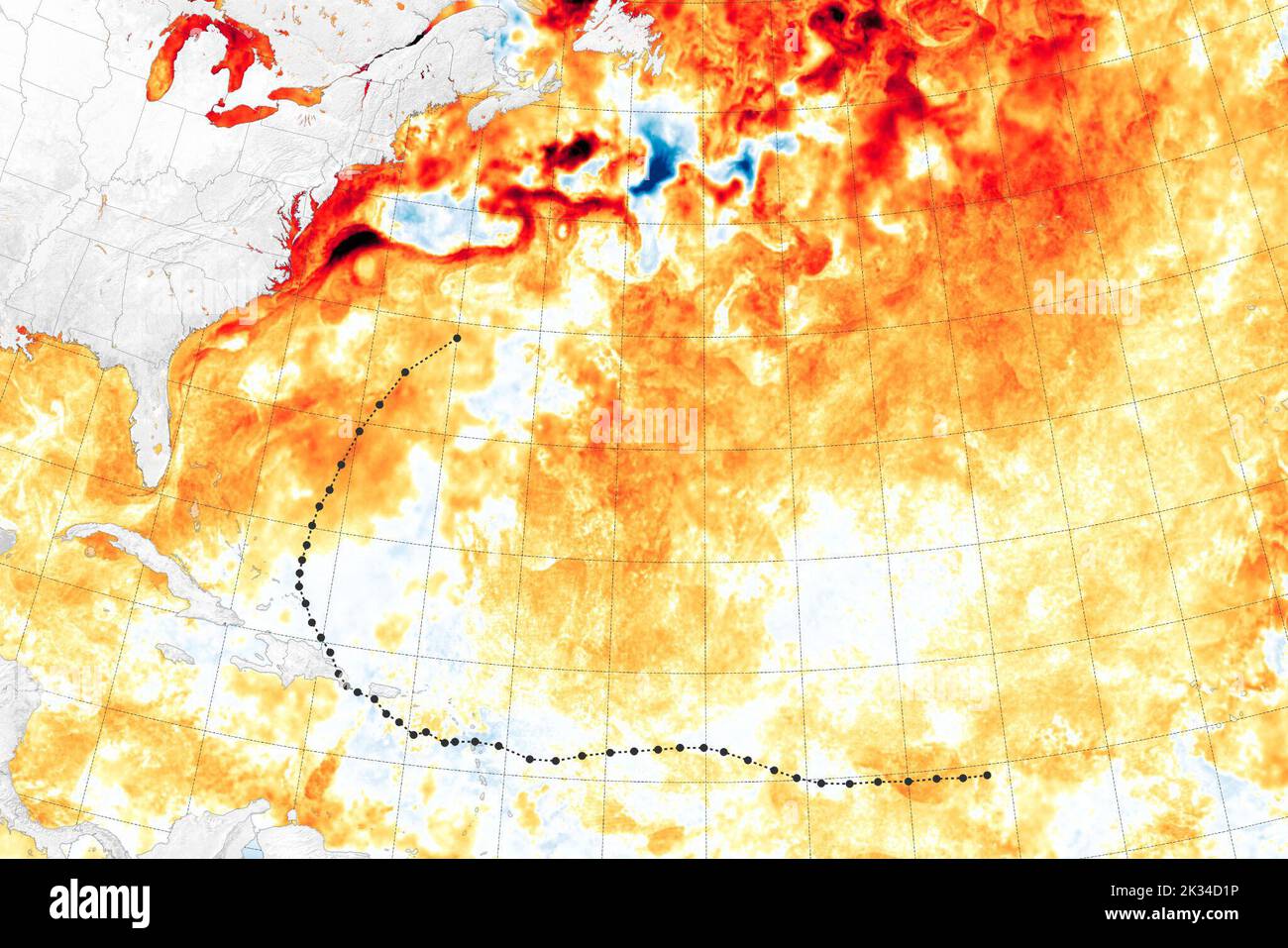 September 22, 2022: Atlantic Ocean: While traveling north, Hurricane Fiona passed over waters that were significantly warmer than normal, thereby providing fuel to sustain and even intensify the storm system. In fact, the storm crossed Puerto Rico as a category 1 hurricane; within days, it intensified to category 3 and 4 strength as it moved well beyond tropical latitudes. Credit: NASA Earth/ZUMA Press Wire Service/ZUMAPRESS.com/Alamy Live News Stock Photo