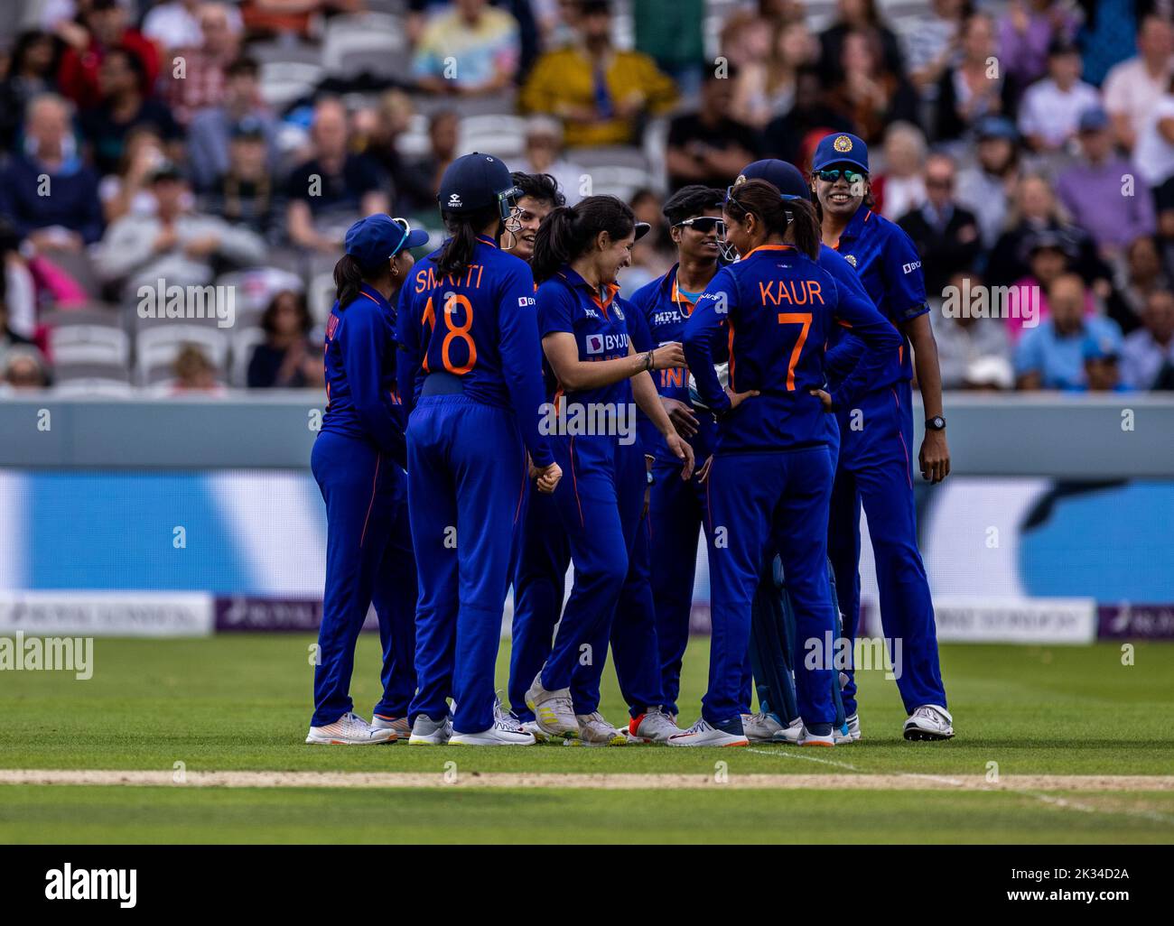 India’s Renuka Thakur (center) celebrates bowling out England's Tammy Beaumont (not in picture) during the third women's one day international match at Lord's, London. Picture date: Saturday September 24, 2022. Stock Photo