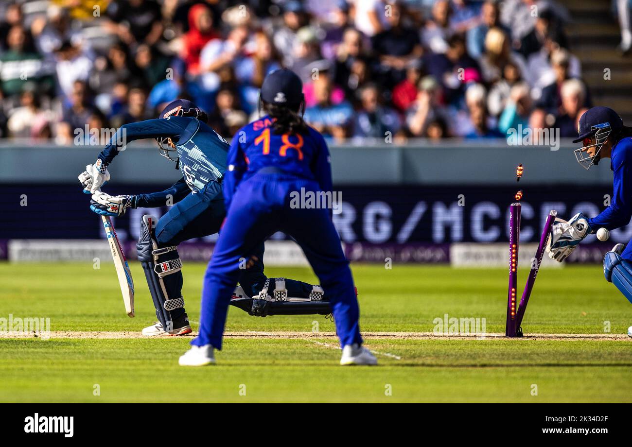 England's Sophia Dunkley is bowled out by India’s Renuka Thakur (not in picture) during the third women's one day international match at Lord's, London. Picture date: Saturday September 24, 2022. Stock Photo