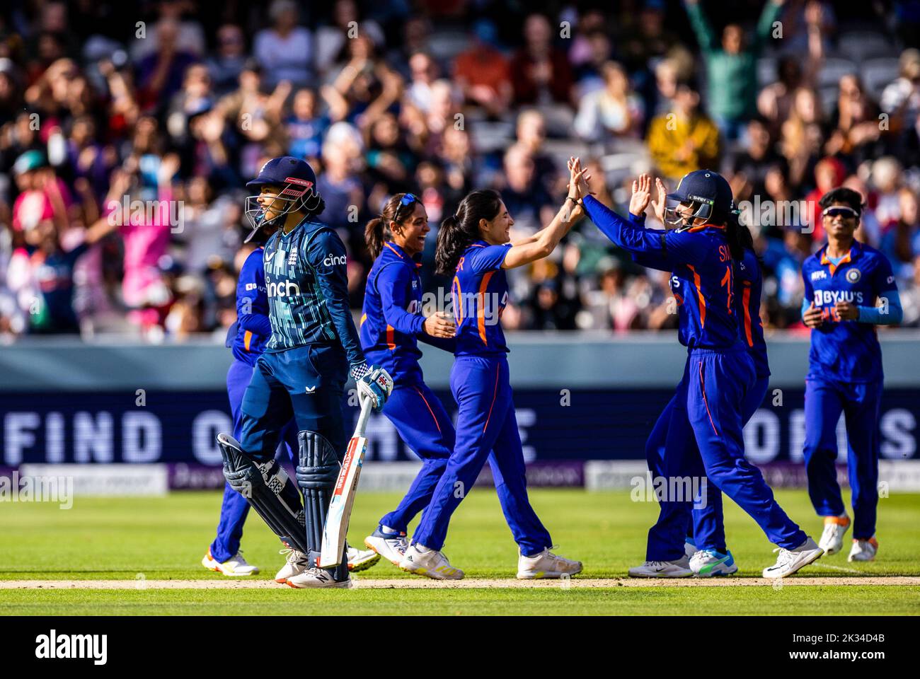England's Sophia Dunkley is bowled out by India’s Renuka Thakur during the third women's one day international match at Lord's, London. Picture date: Saturday September 24, 2022. Stock Photo