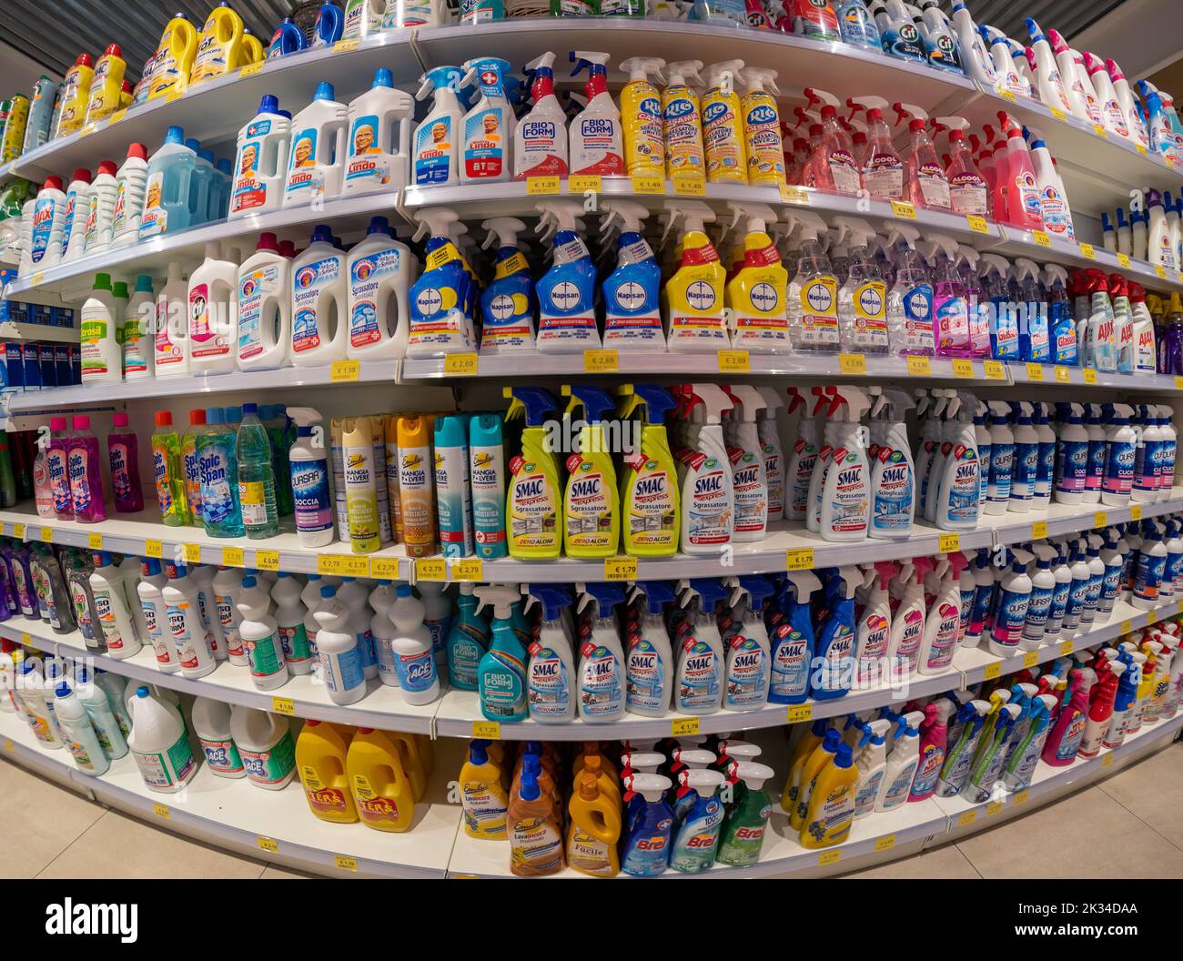 Turin, Italy September 23, 2022 shelf with detergents and products