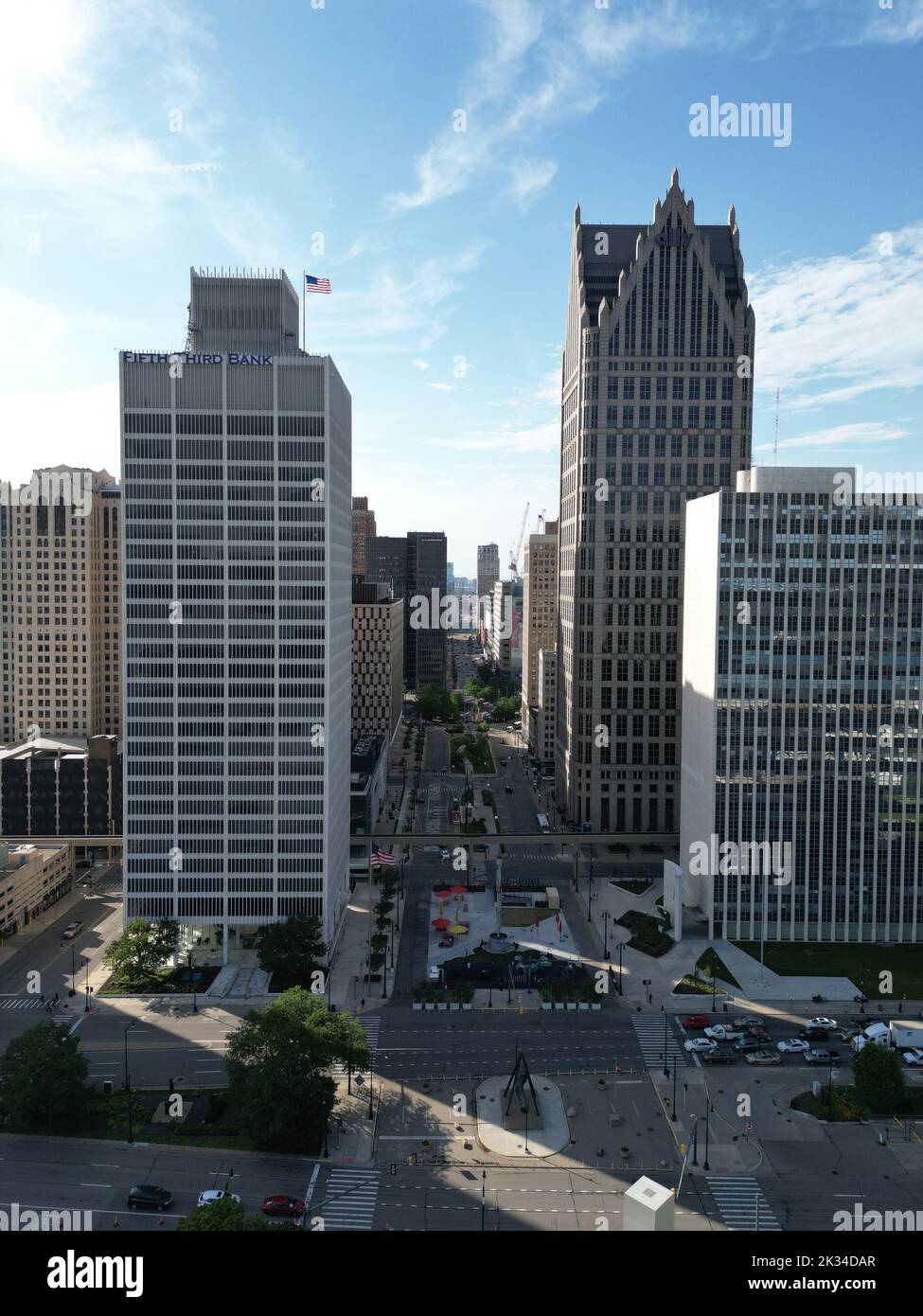 A drone view of the One Woodward Avenue skyscraper towers in Downtown Detroit, Michigan at daylight Stock Photo
