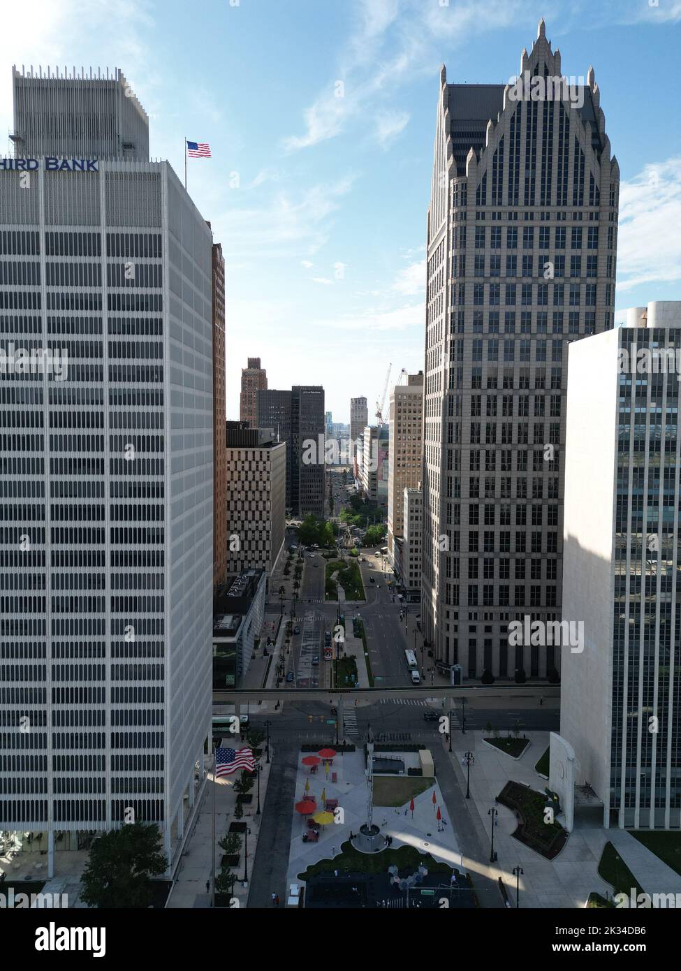 A drone view of the One Woodward Avenue skyscraper tower in Downtown Detroit, Michigan at daylight Stock Photo